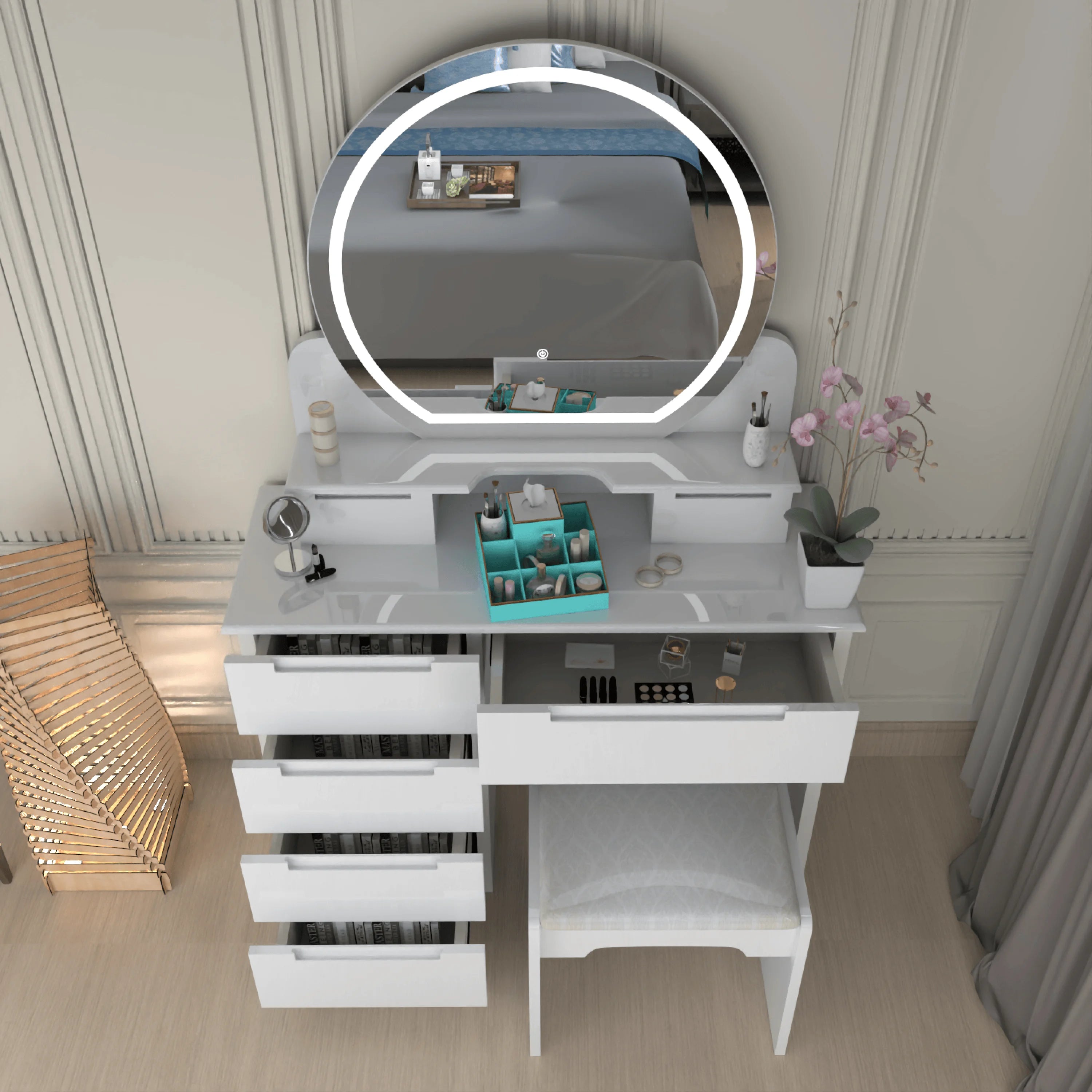 Glossique High Gloss Dressing Table with LED Mirror & Stool