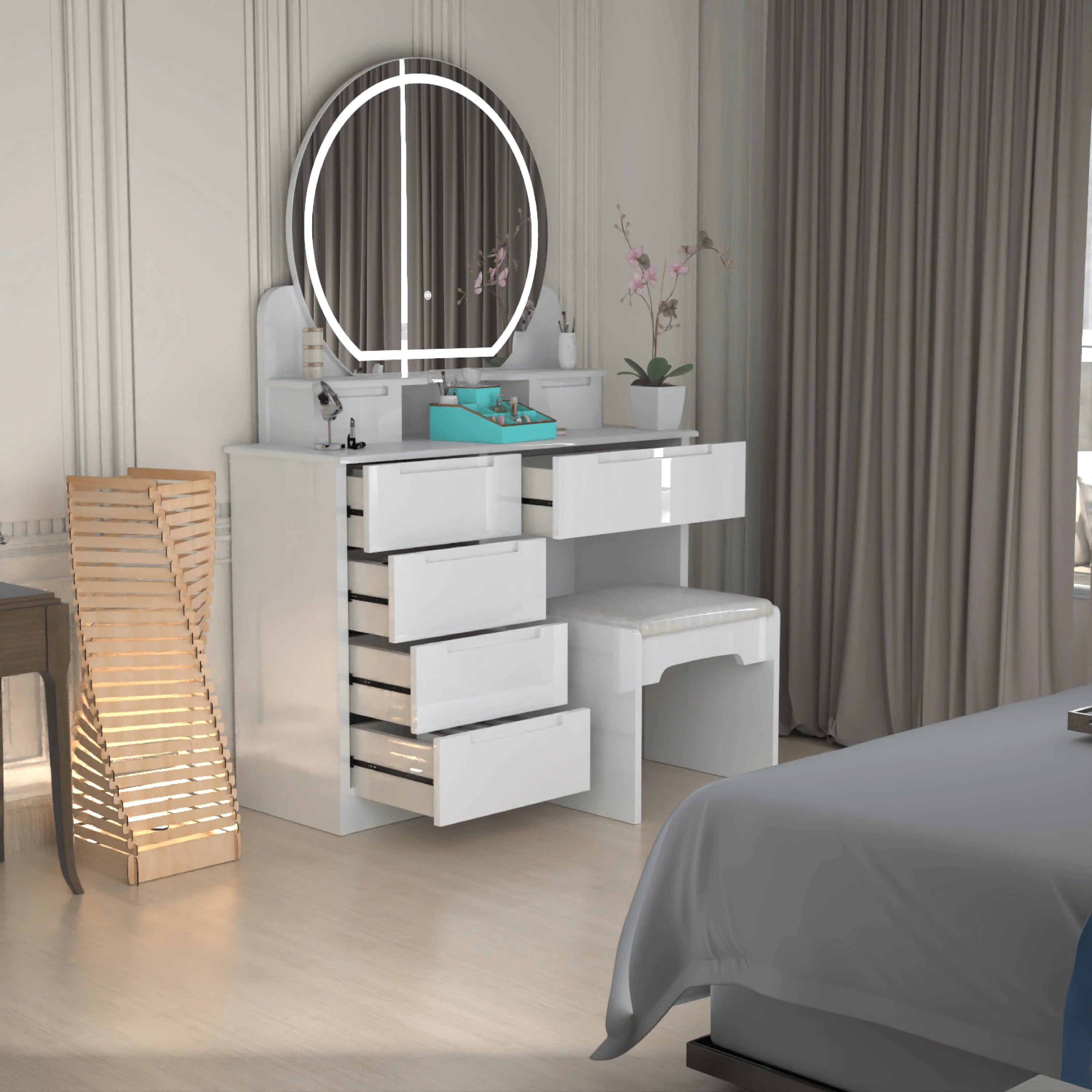 Glossique High Gloss Dressing Table with LED Mirror & Stool