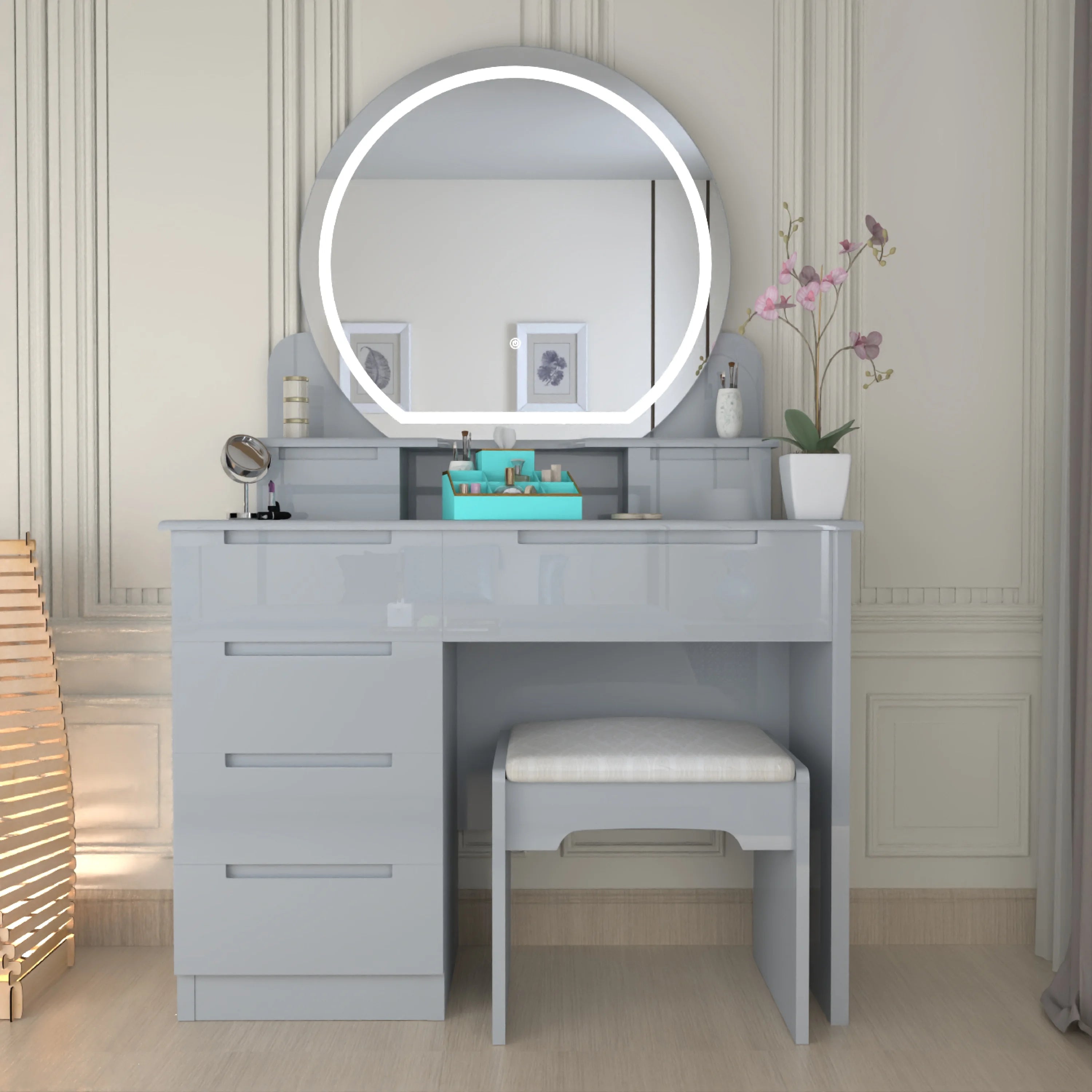 Glossique High Gloss Dressing Table with LED Mirror & Stool