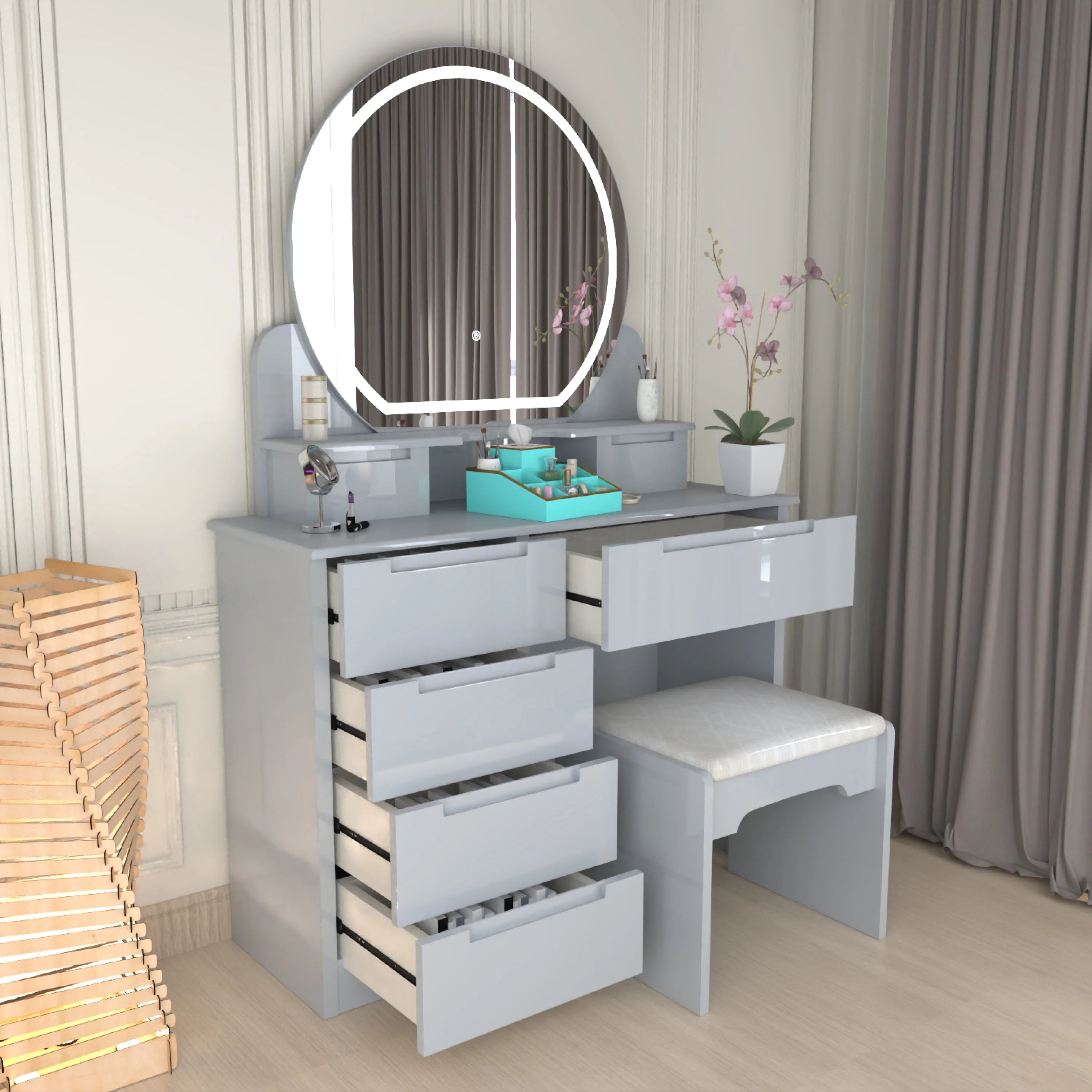 Glossique High Gloss Dressing Table with LED Mirror & Stool