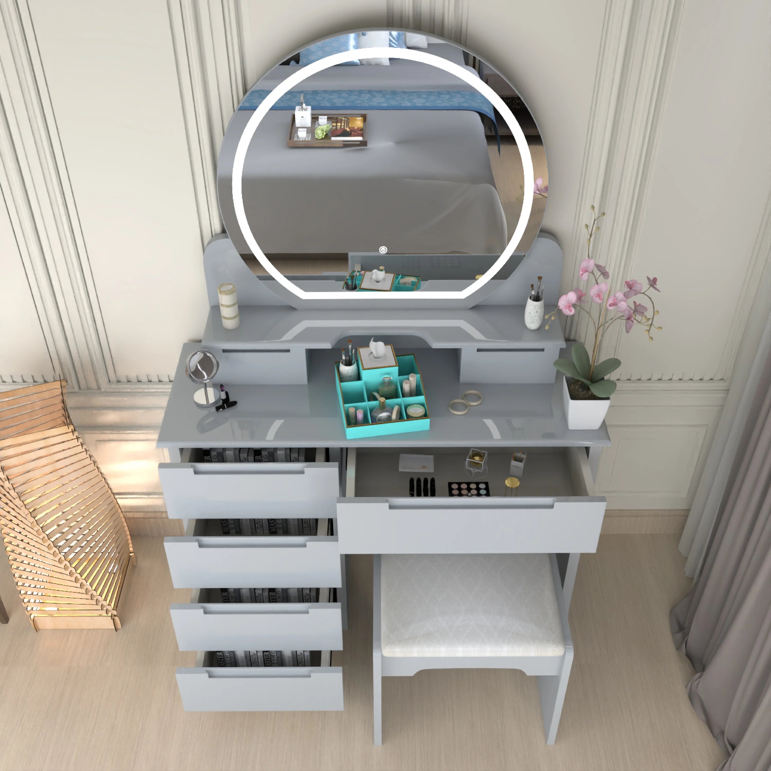Glossique High Gloss Dressing Table with LED Mirror & Stool