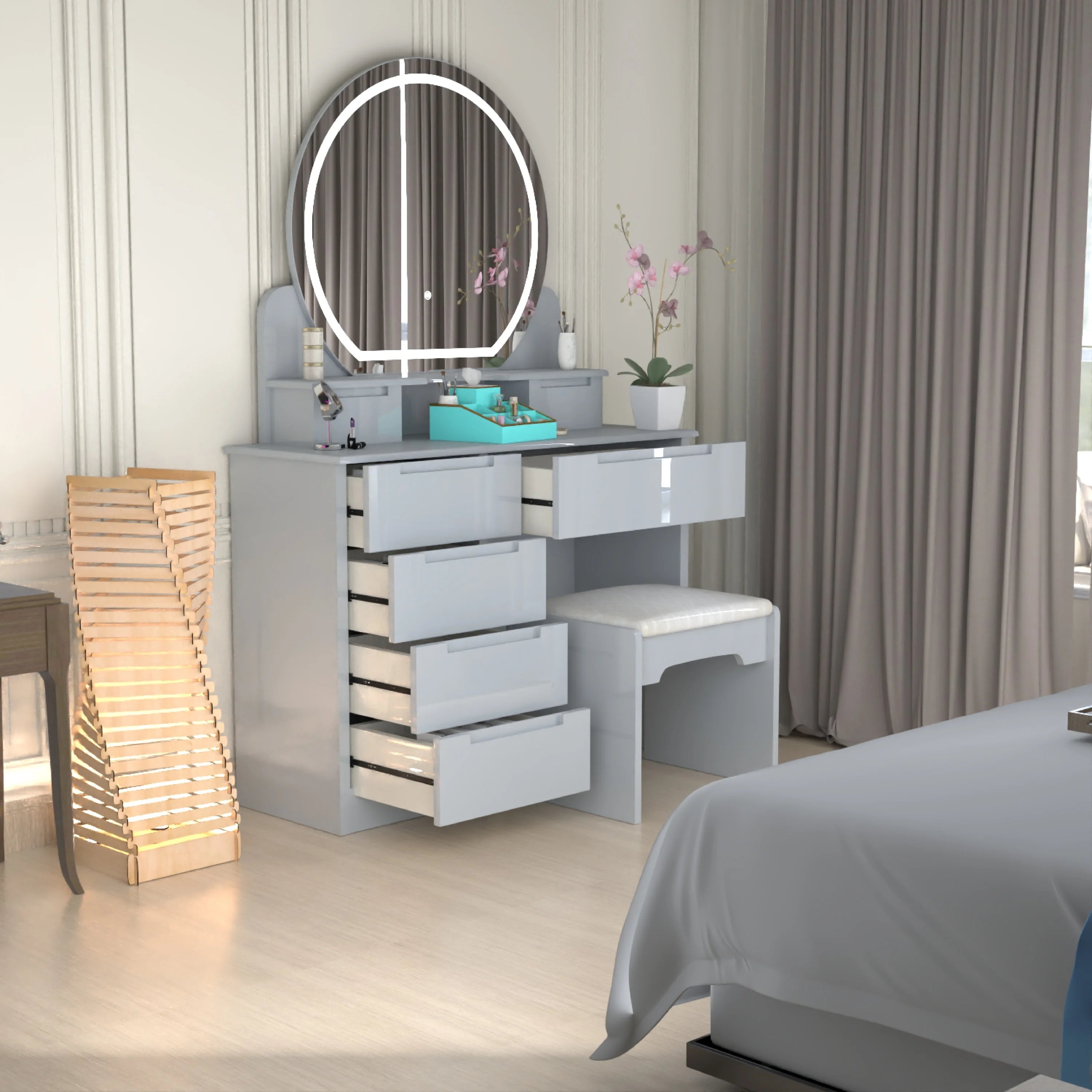Glossique High Gloss Dressing Table with LED Mirror & Stool
