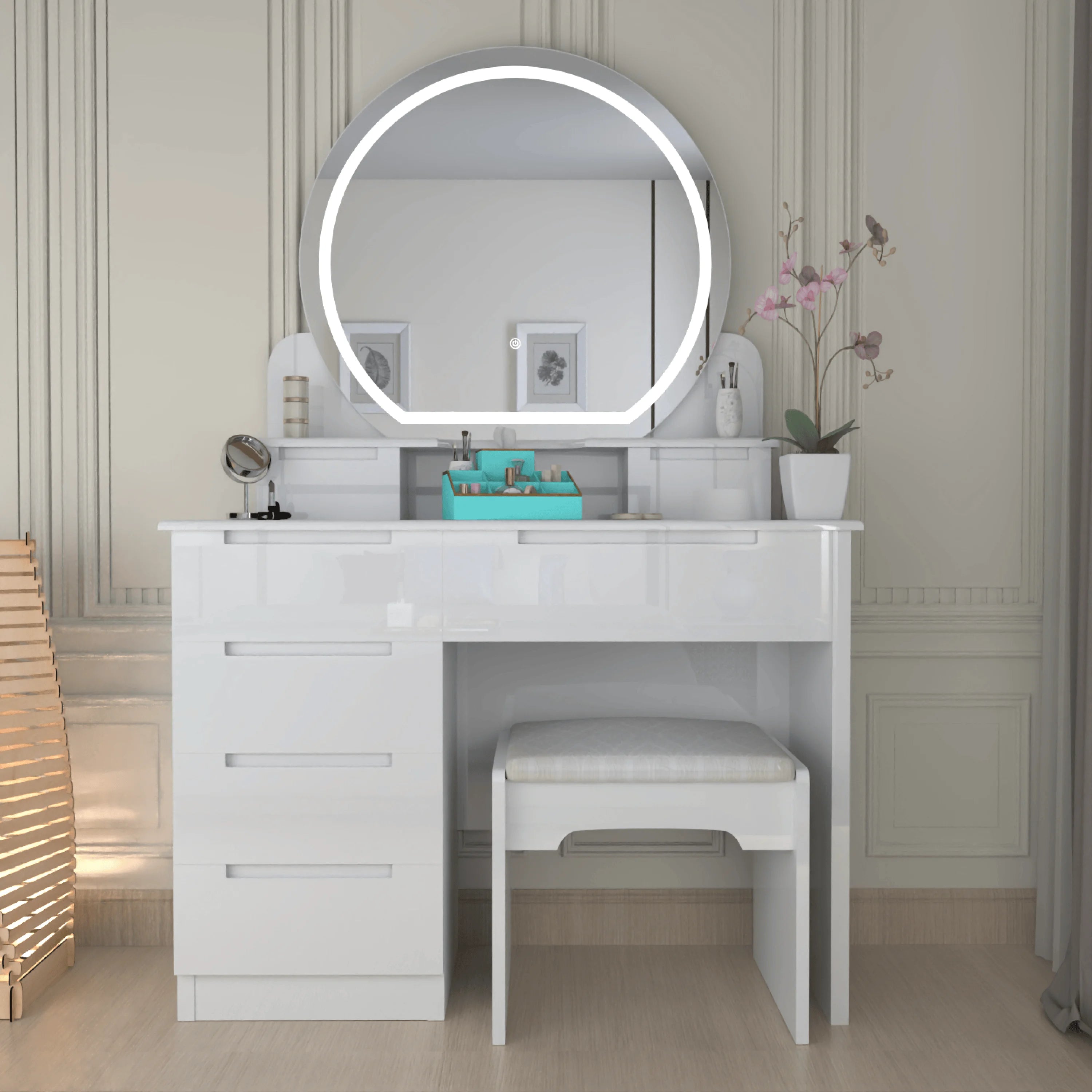 Glossique High Gloss Dressing Table with LED Mirror & Stool
