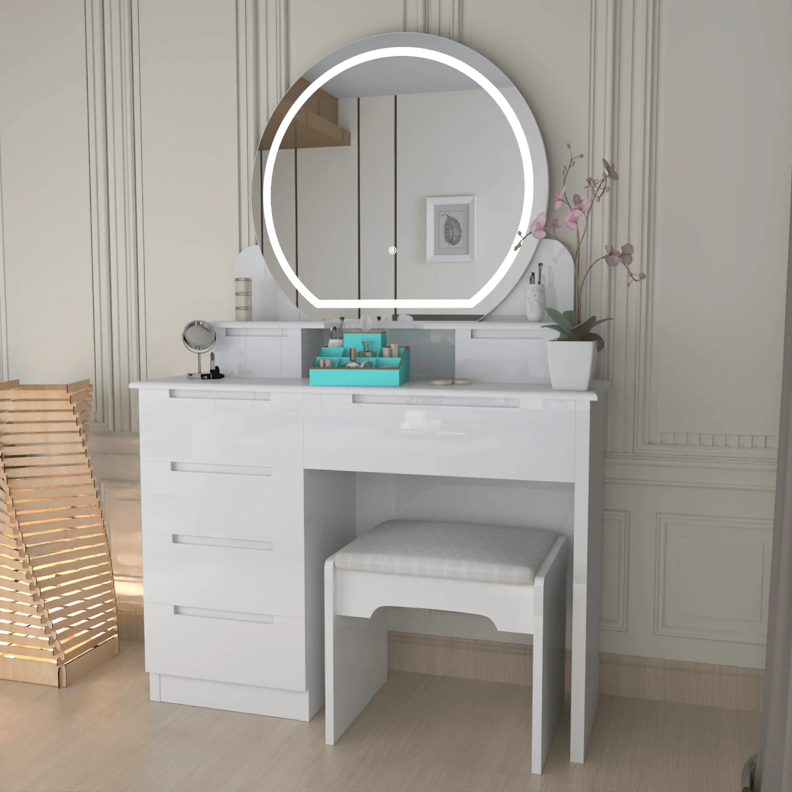 Glossique High Gloss Dressing Table with LED Mirror & Stool
