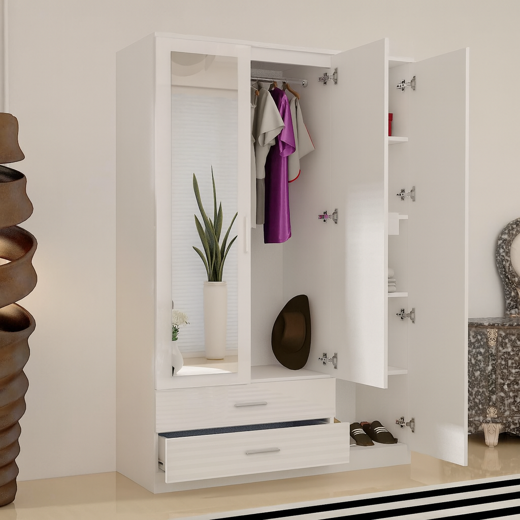 URBAN FURNISHING Modern 3-Door Wardrobe with Mirror & 2 Bottom Drawers