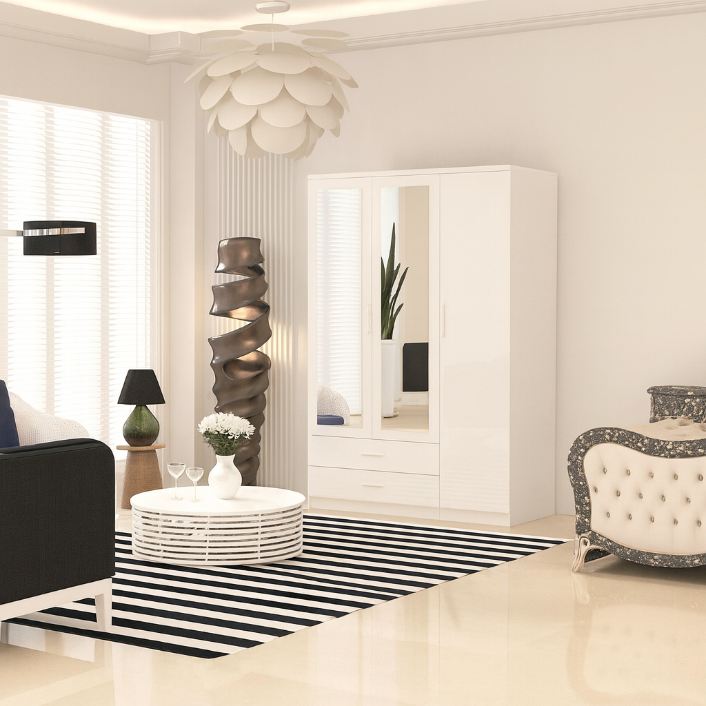 URBAN FURNISHING Modern 3-Door Wardrobe with Mirror & 2 Bottom Drawers