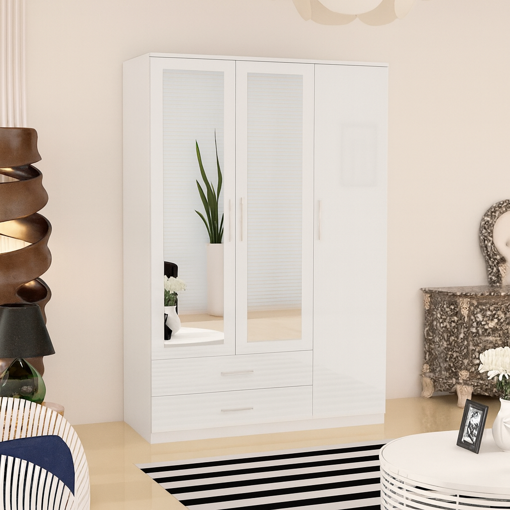 URBAN FURNISHING Modern 3-Door Wardrobe with Mirror & 2 Bottom Drawers