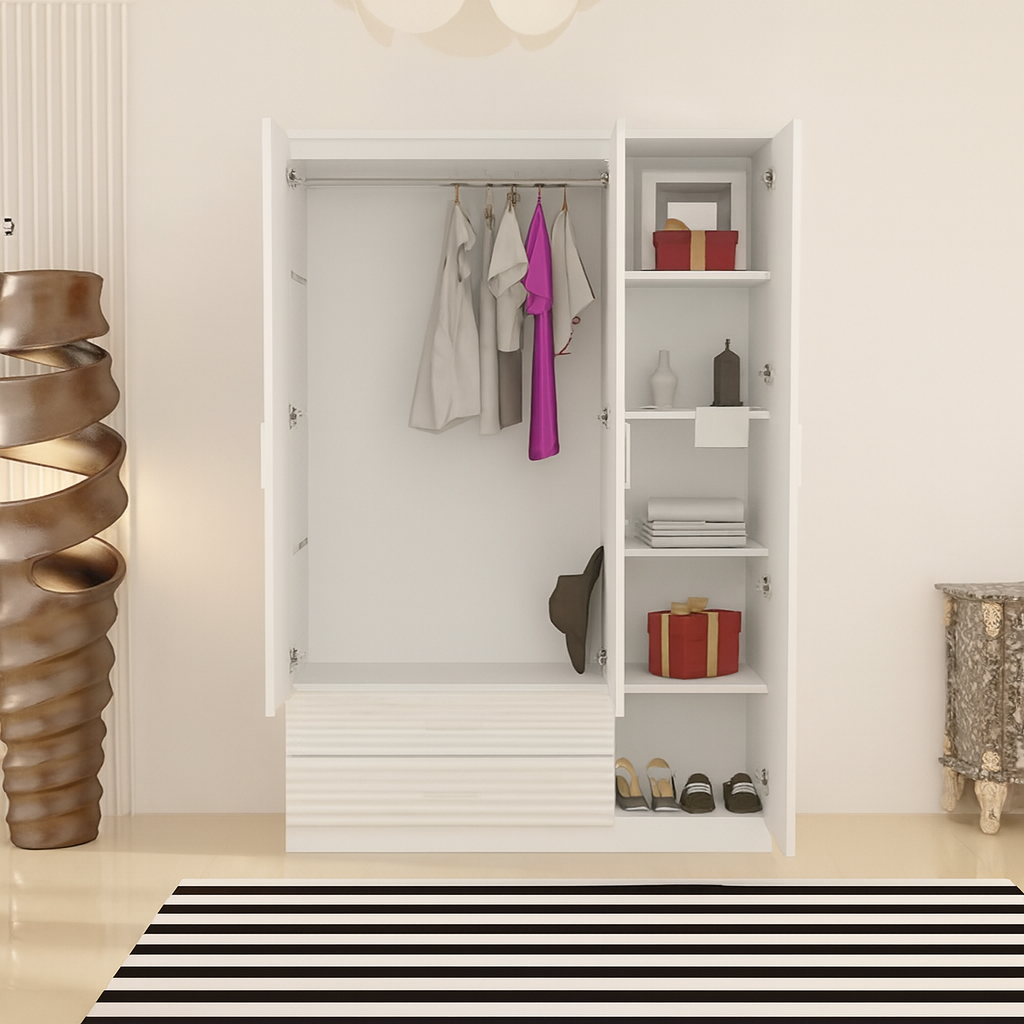 URBAN FURNISHING Modern 3-Door Wardrobe with Mirror & 2 Bottom Drawers