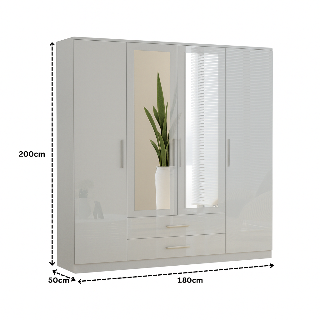 URBAN FURNISHING Modern 4-Door Wardrobe with Mirror &  2 Bottom Drawers 180CM