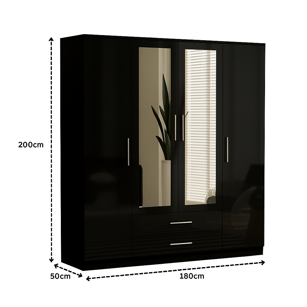 URBAN FURNISHING Modern 4-Door Wardrobe with Mirror &  2 Bottom Drawers 180CM