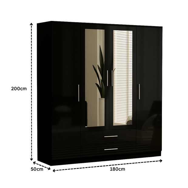 URBAN FURNISHING Modern 4-Door Wardrobe with Mirror &  2 Bottom Drawers 180CM