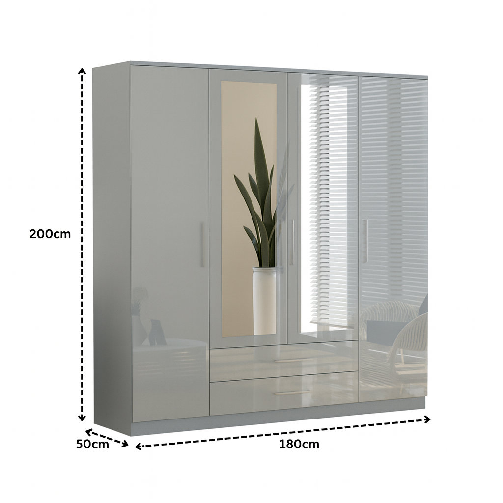 URBAN FURNISHING Modern 4-Door Wardrobe with Mirror &  2 Bottom Drawers 180CM