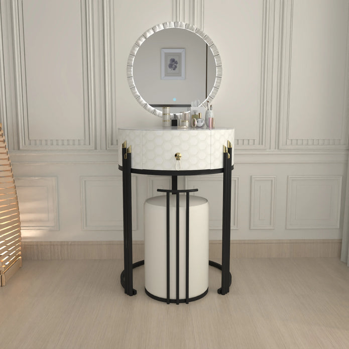 Round LED Mirror Dressing Table With Padded Stool