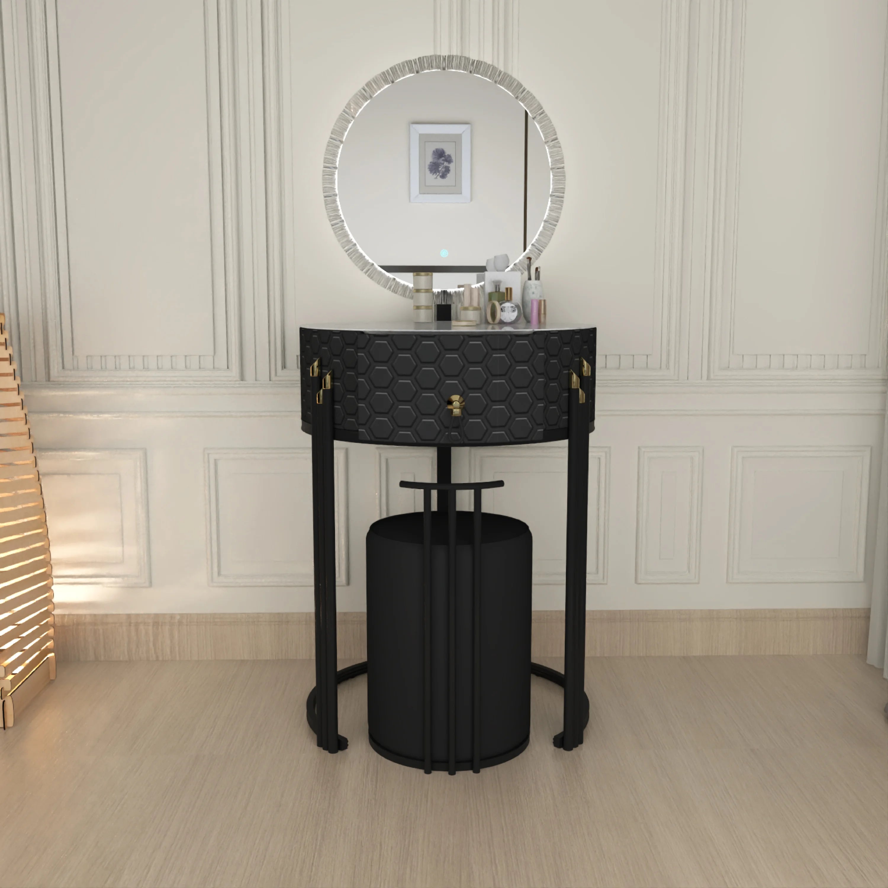 Round LED Mirror Dressing Table With Padded Stool