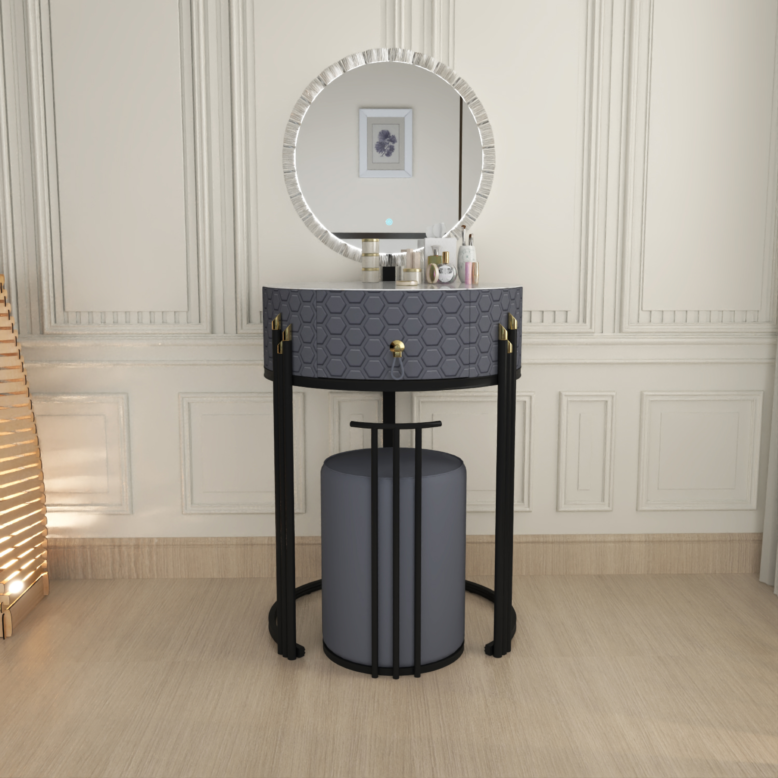 URBAN FURNISHING Modern Round Vanity Table with LED Mirror and Padded Stool