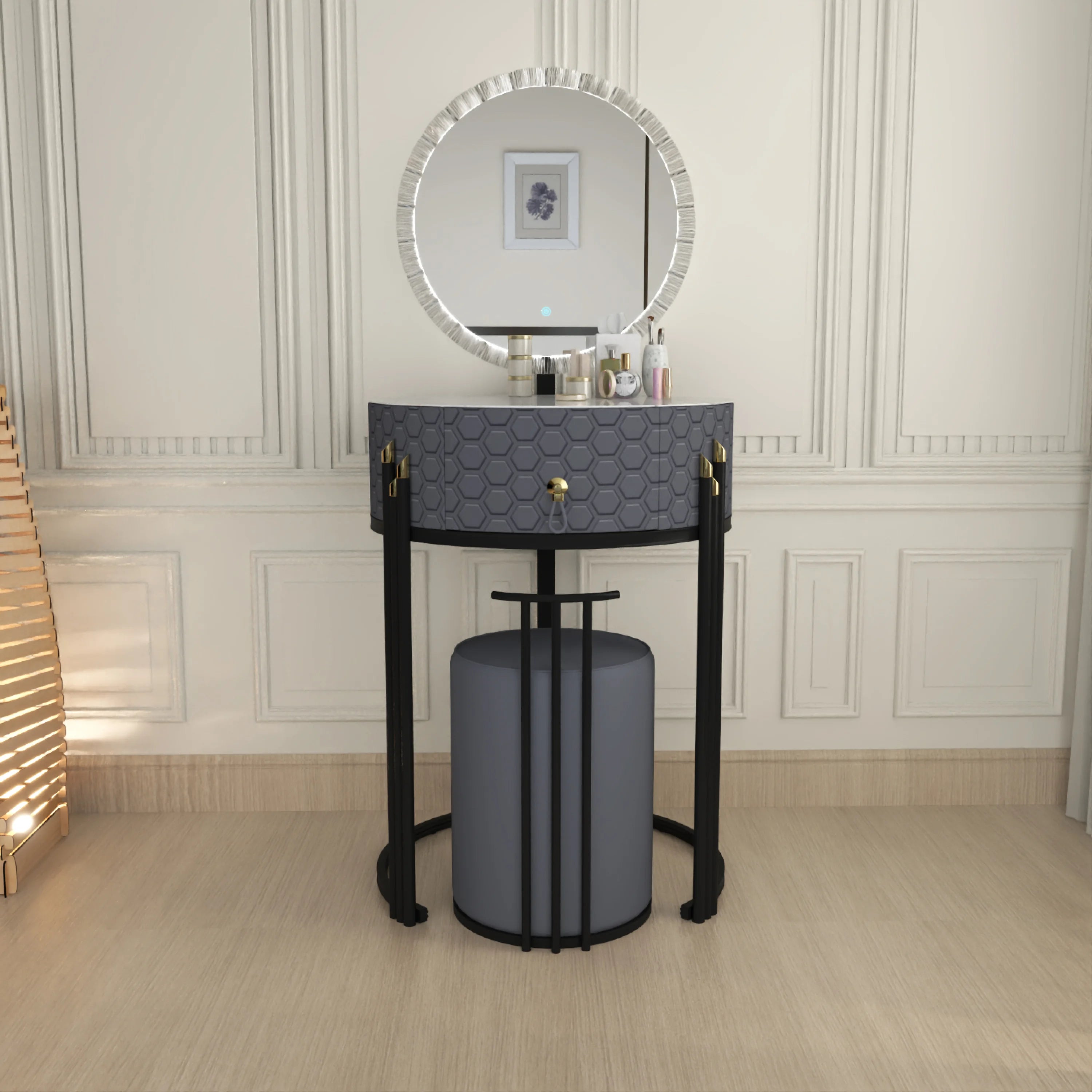 Round LED Mirror Dressing Table With Padded Stool