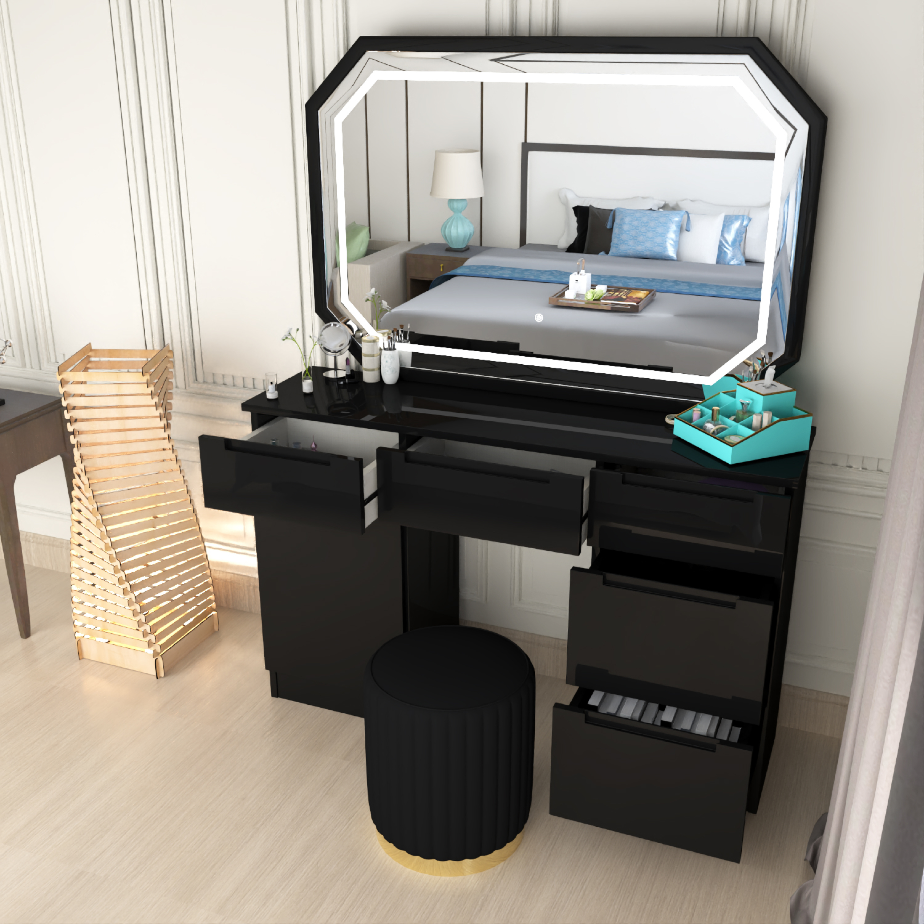 Urban Furnishing Modern White Vanity Desk with LED Mirror & Padded Stool – 7-Drawer Makeup Dressing Table