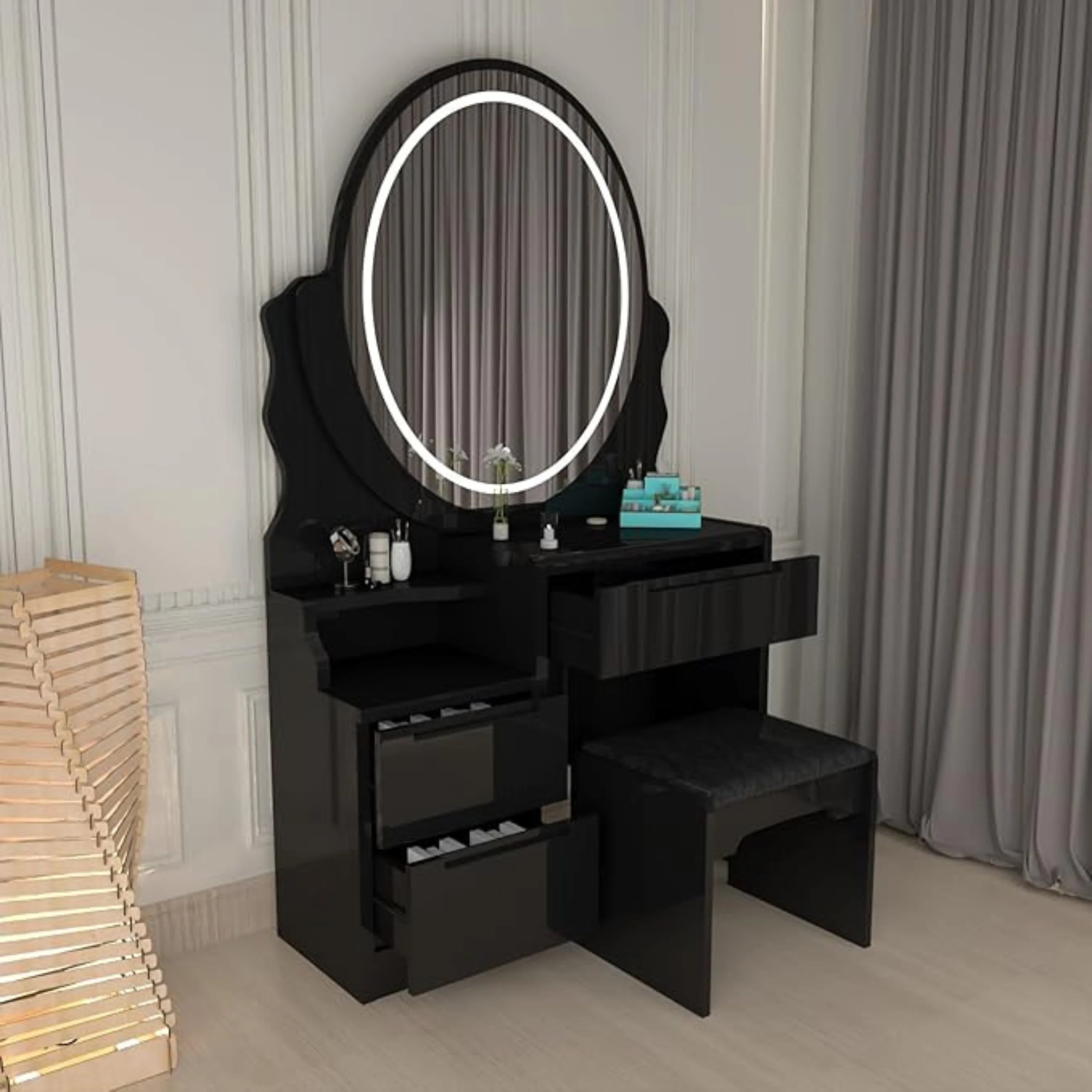 Oval LED Mirror Dressing Table With Padded Stool