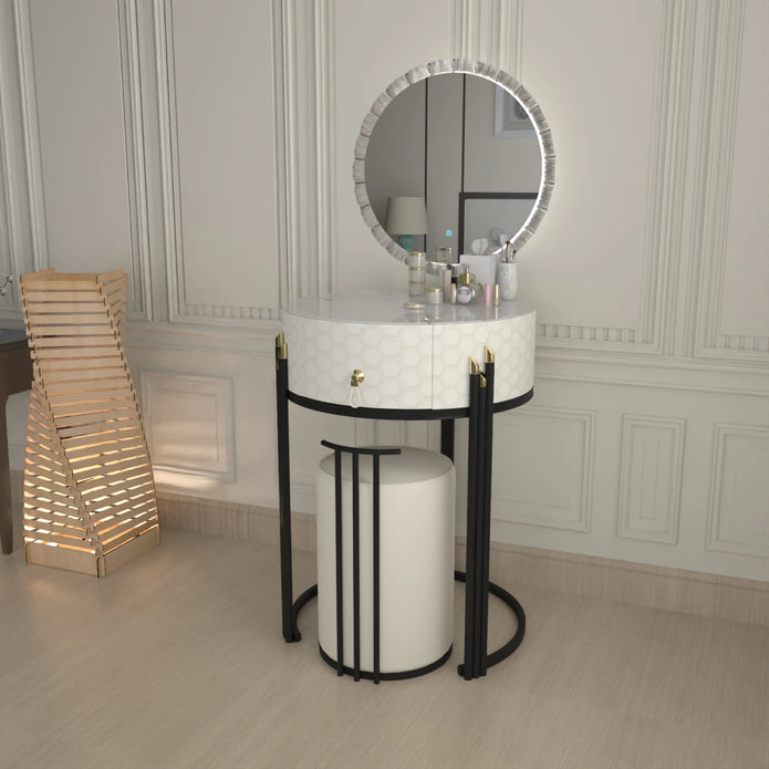 Round LED Mirror Dressing Table With Padded Stool