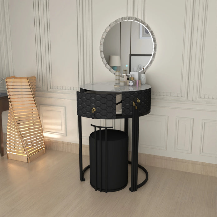 Round LED Mirror Dressing Table With Padded Stool