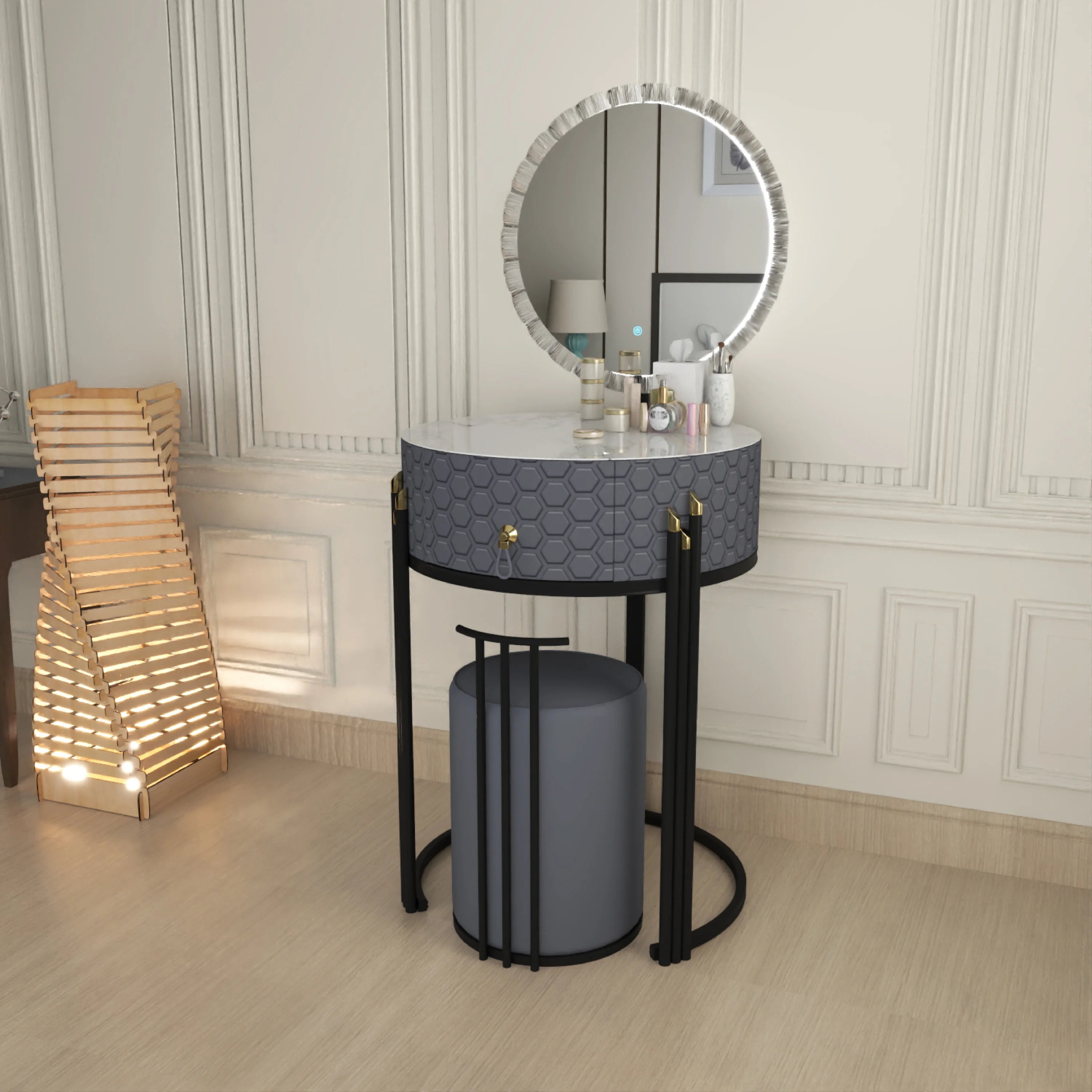 Round LED Mirror Dressing Table With Padded Stool