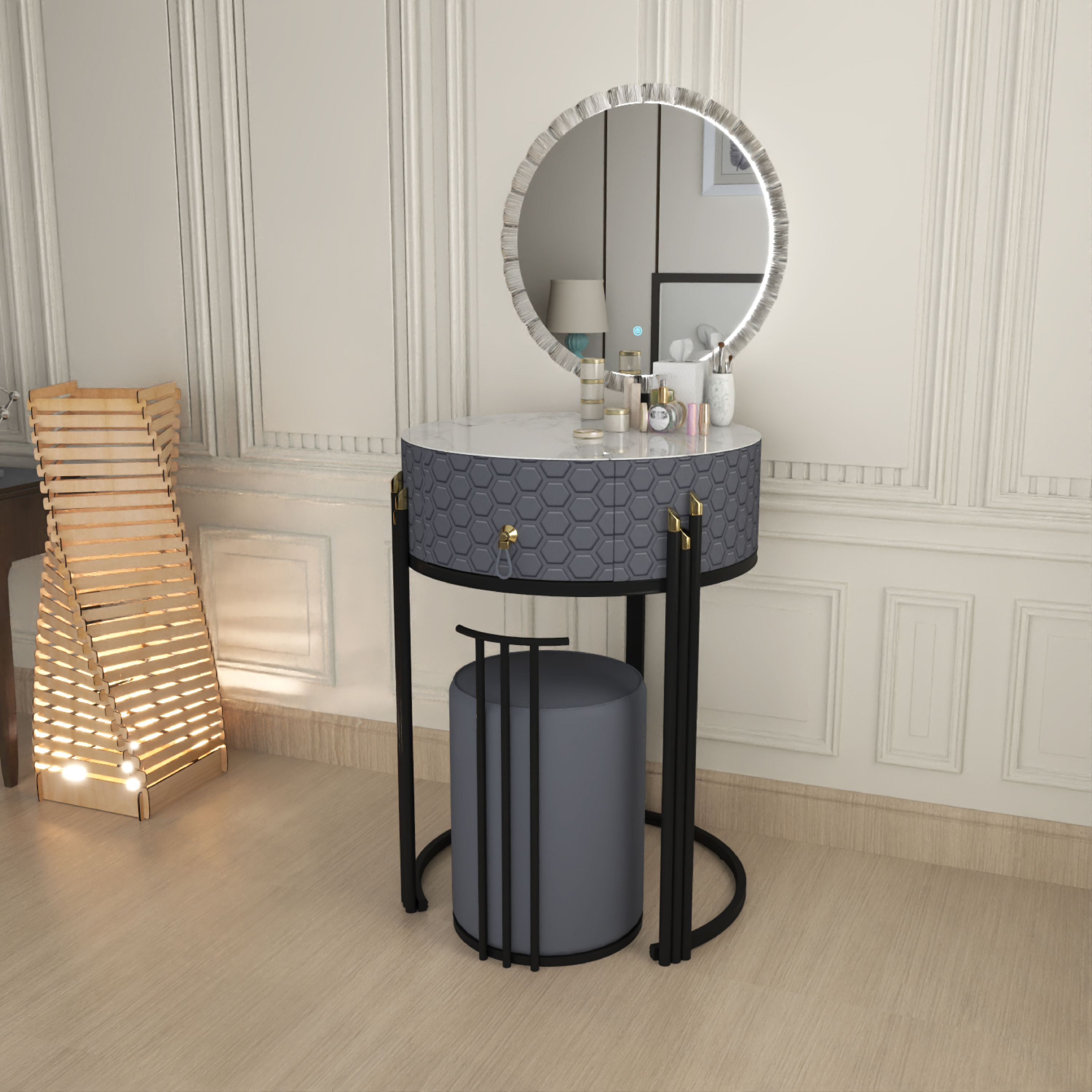 URBAN FURNISHING Modern Round Vanity Table with LED Mirror and Padded Stool