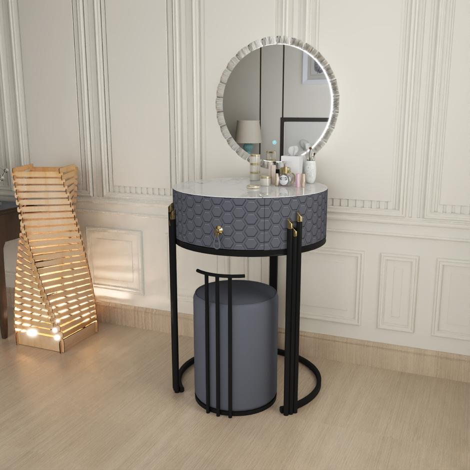 URBAN FURNISHING Modern Round Vanity Table with LED Mirror and Padded Stool