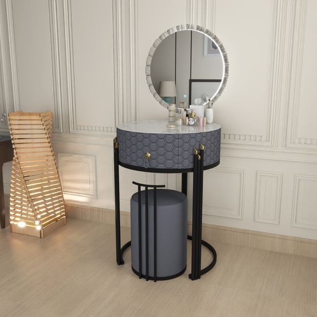 URBAN FURNISHING Modern Round Vanity Table with LED Mirror and Padded Stool