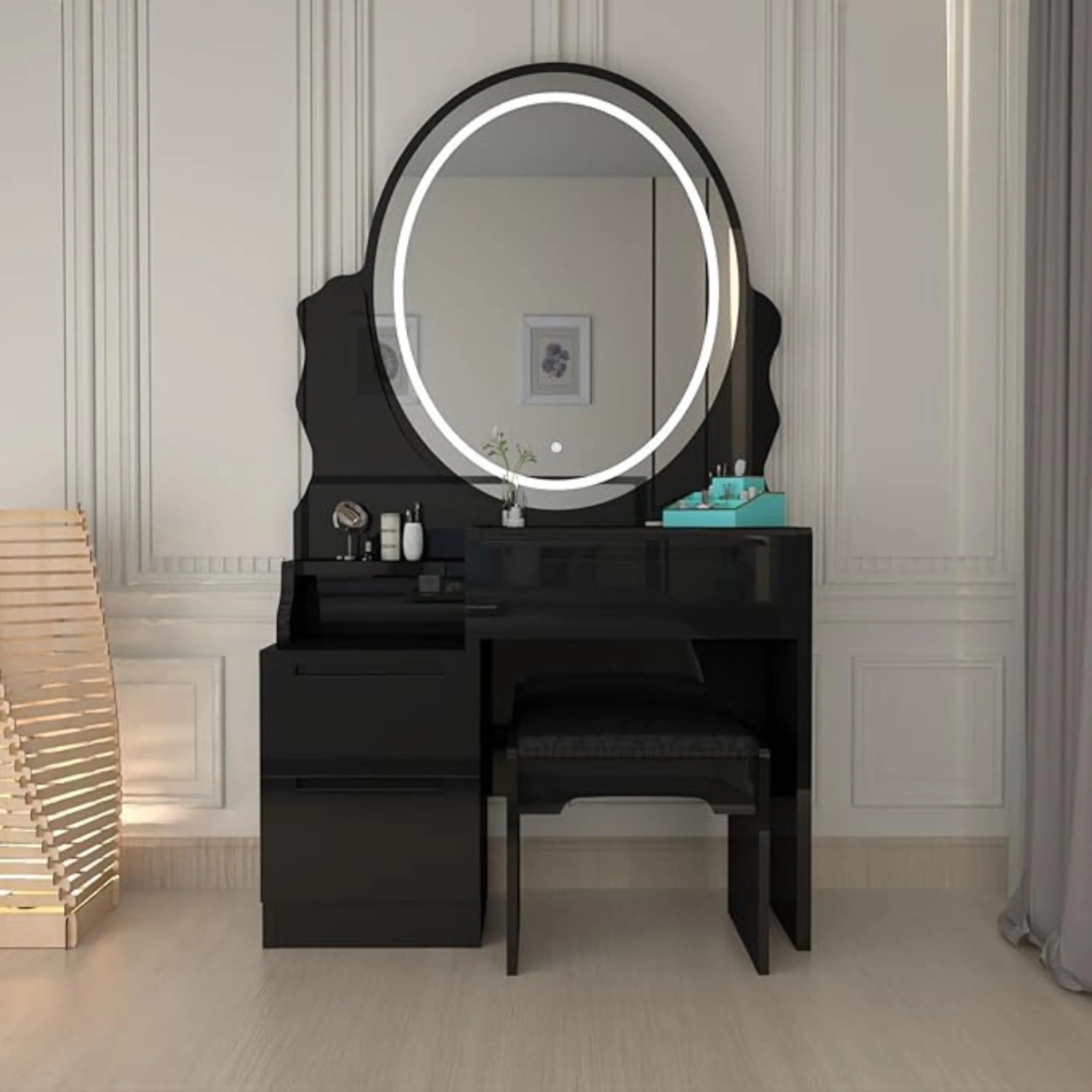 Oval LED Mirror Dressing Table With Padded Stool