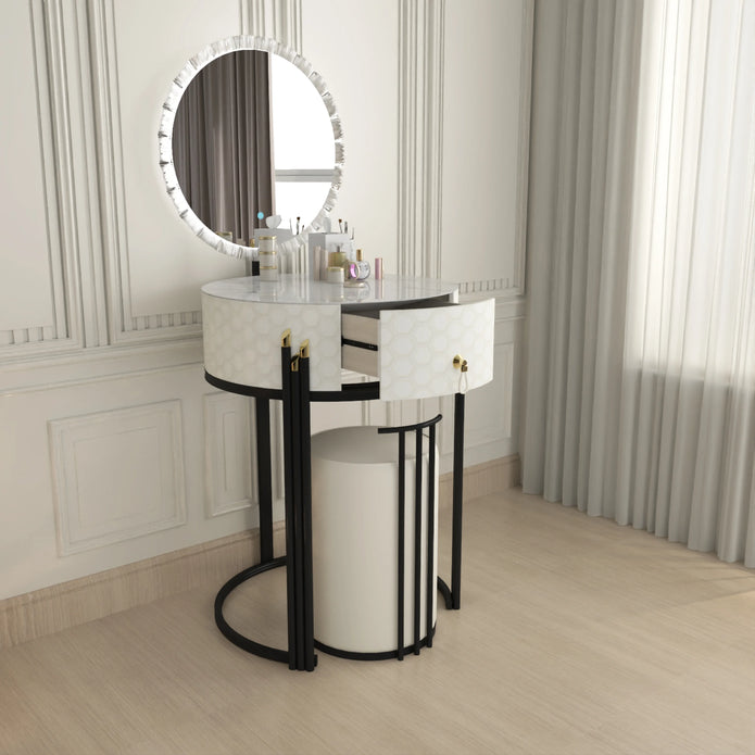 Round LED Mirror Dressing Table With Padded Stool