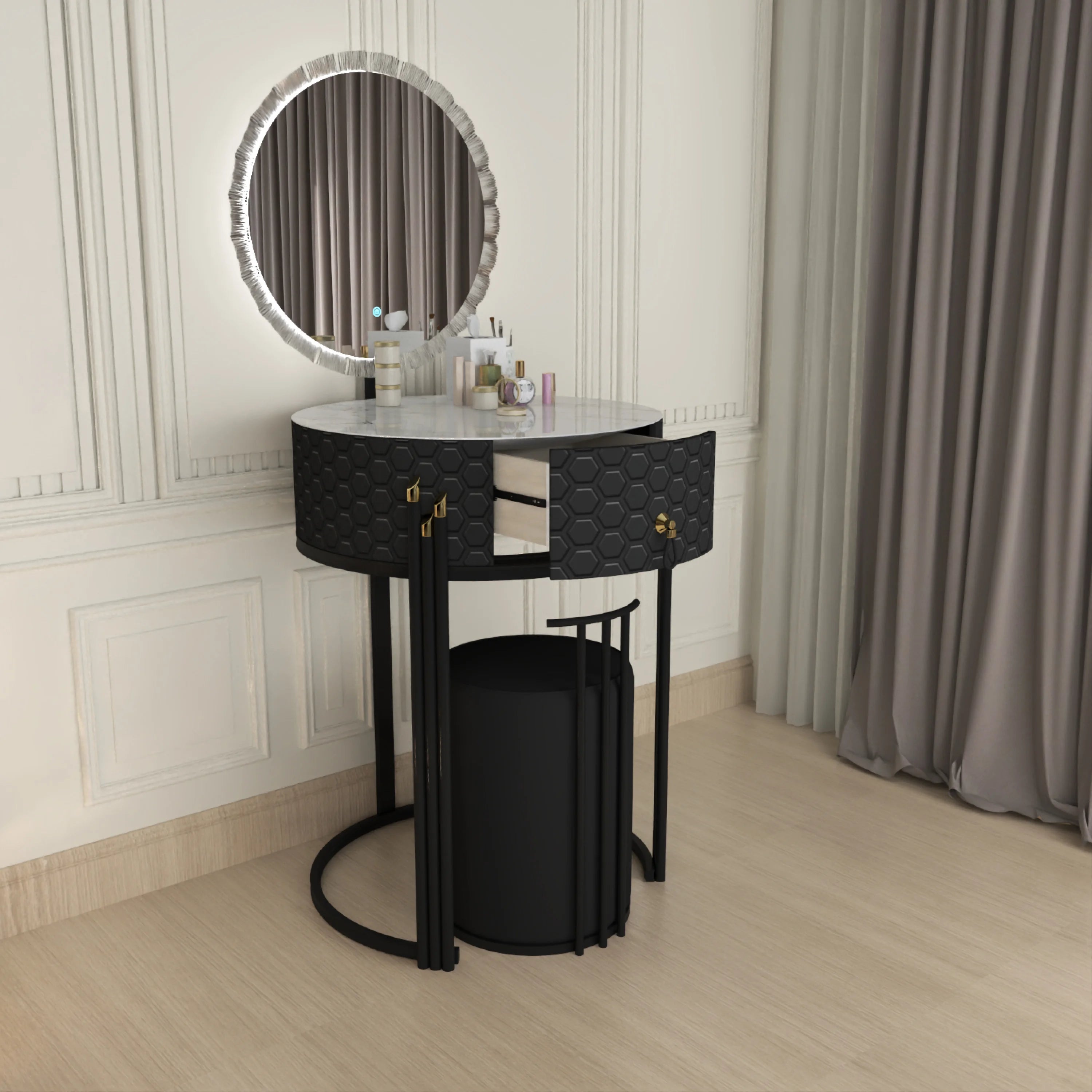 Round LED Mirror Dressing Table With Padded Stool