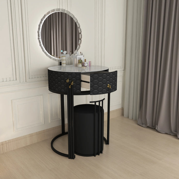 Round LED Mirror Dressing Table With Padded Stool