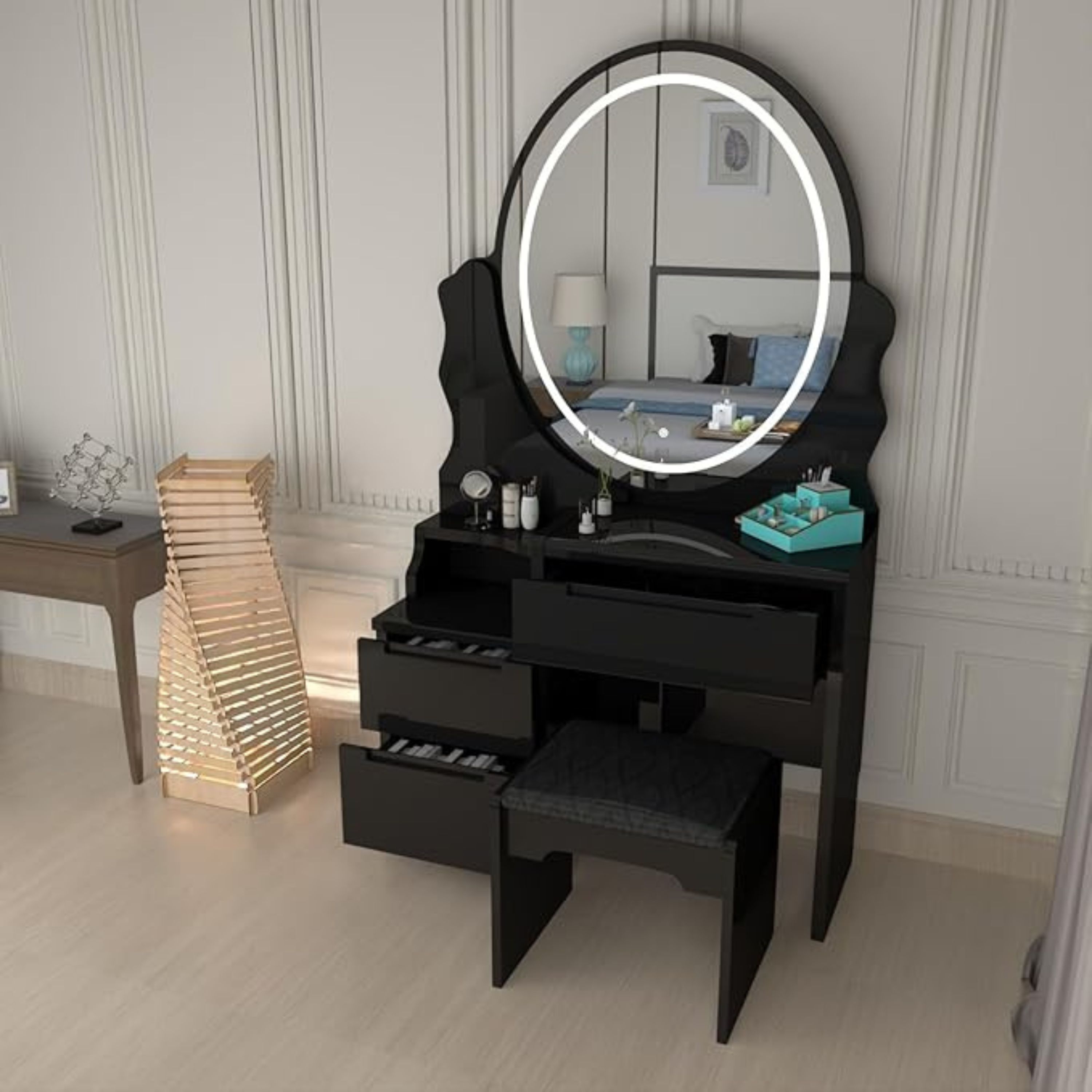 Urban Furnishing Modern White Vanity Table with LED Oval Mirror