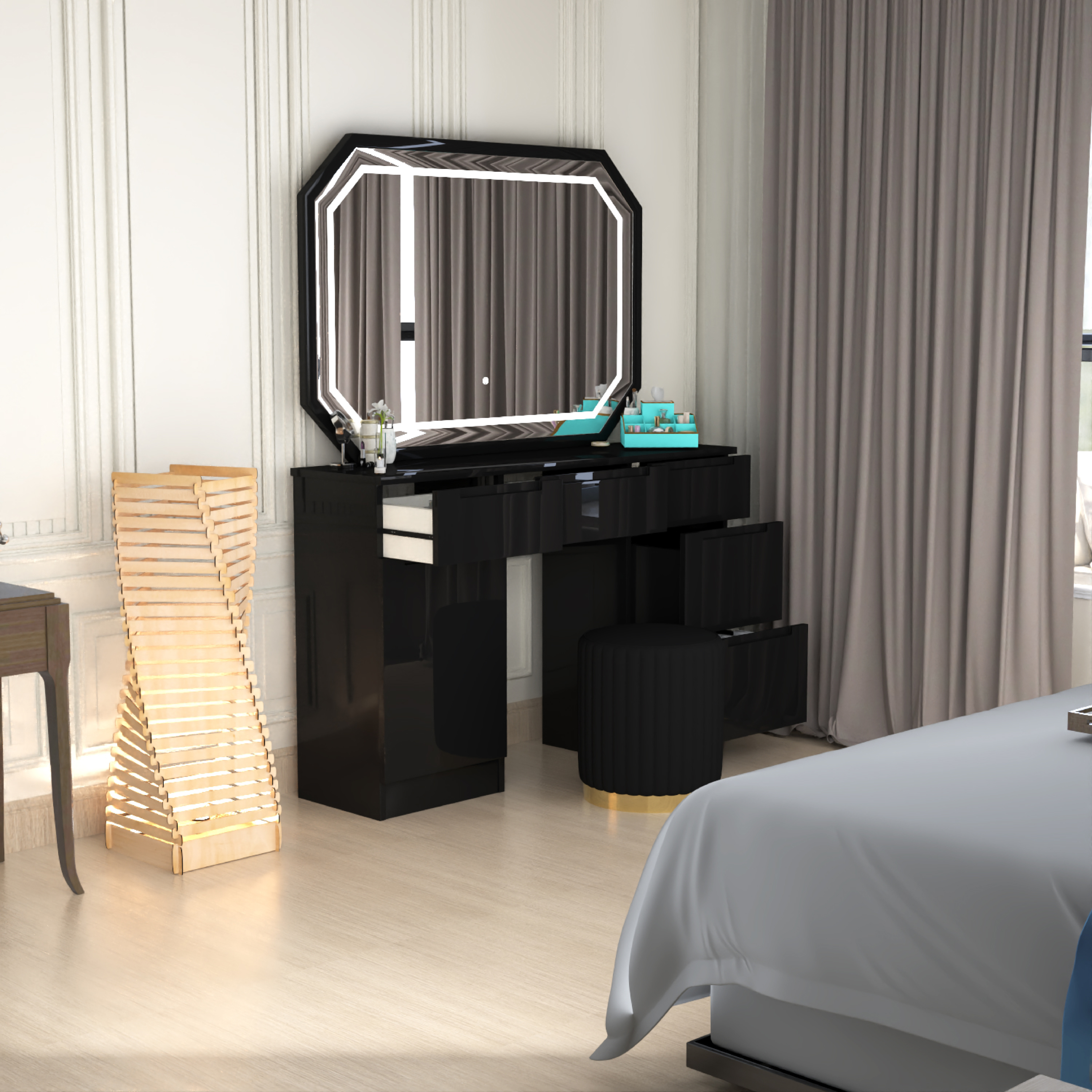Urban Furnishing Modern White Vanity Desk with LED Mirror & Padded Stool – 7-Drawer Makeup Dressing Table