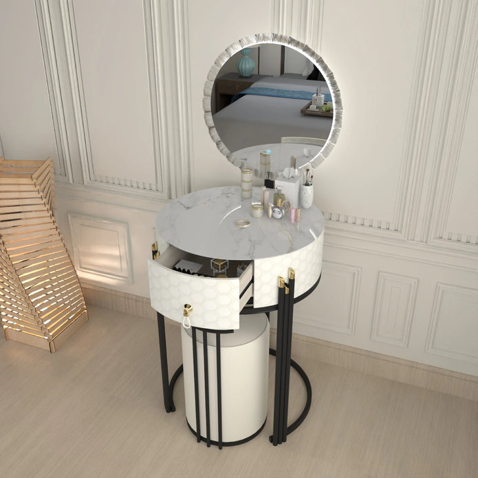 Round LED Mirror Dressing Table With Padded Stool