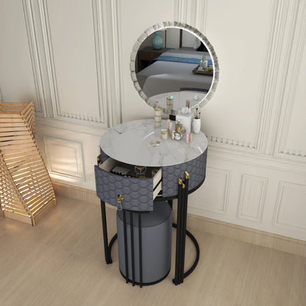 Round LED Mirror Dressing Table With Padded Stool