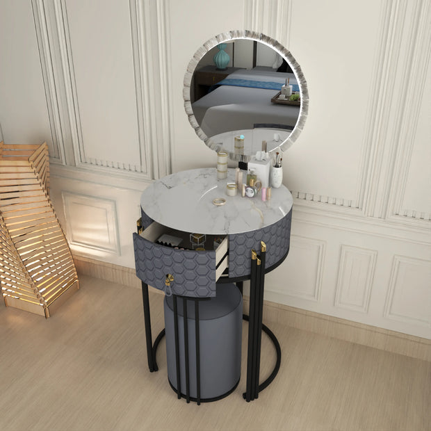 Round LED Mirror Dressing Table With Padded Stool