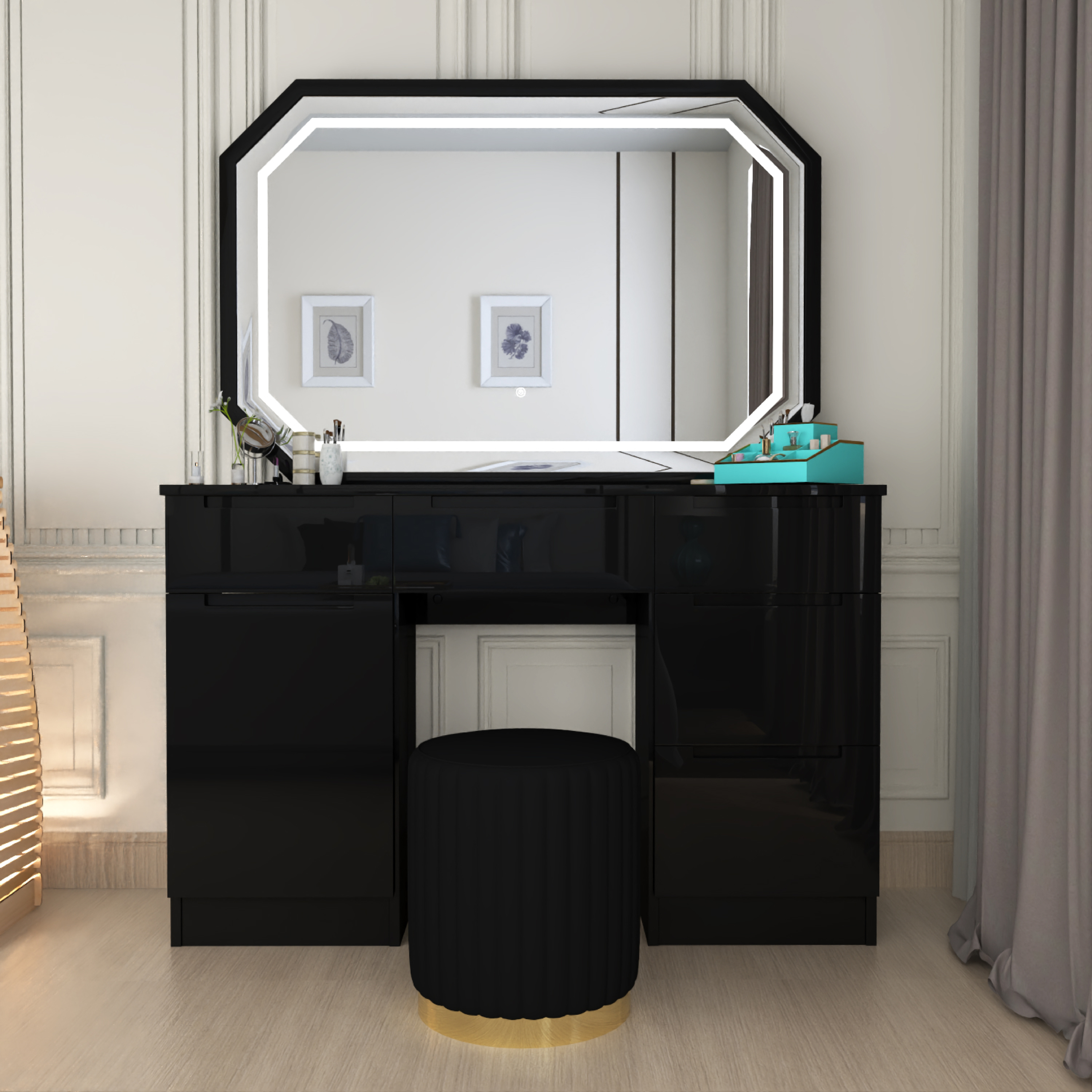 Urban Furnishing Modern White Vanity Desk with LED Mirror & Padded Stool – 7-Drawer Makeup Dressing Table