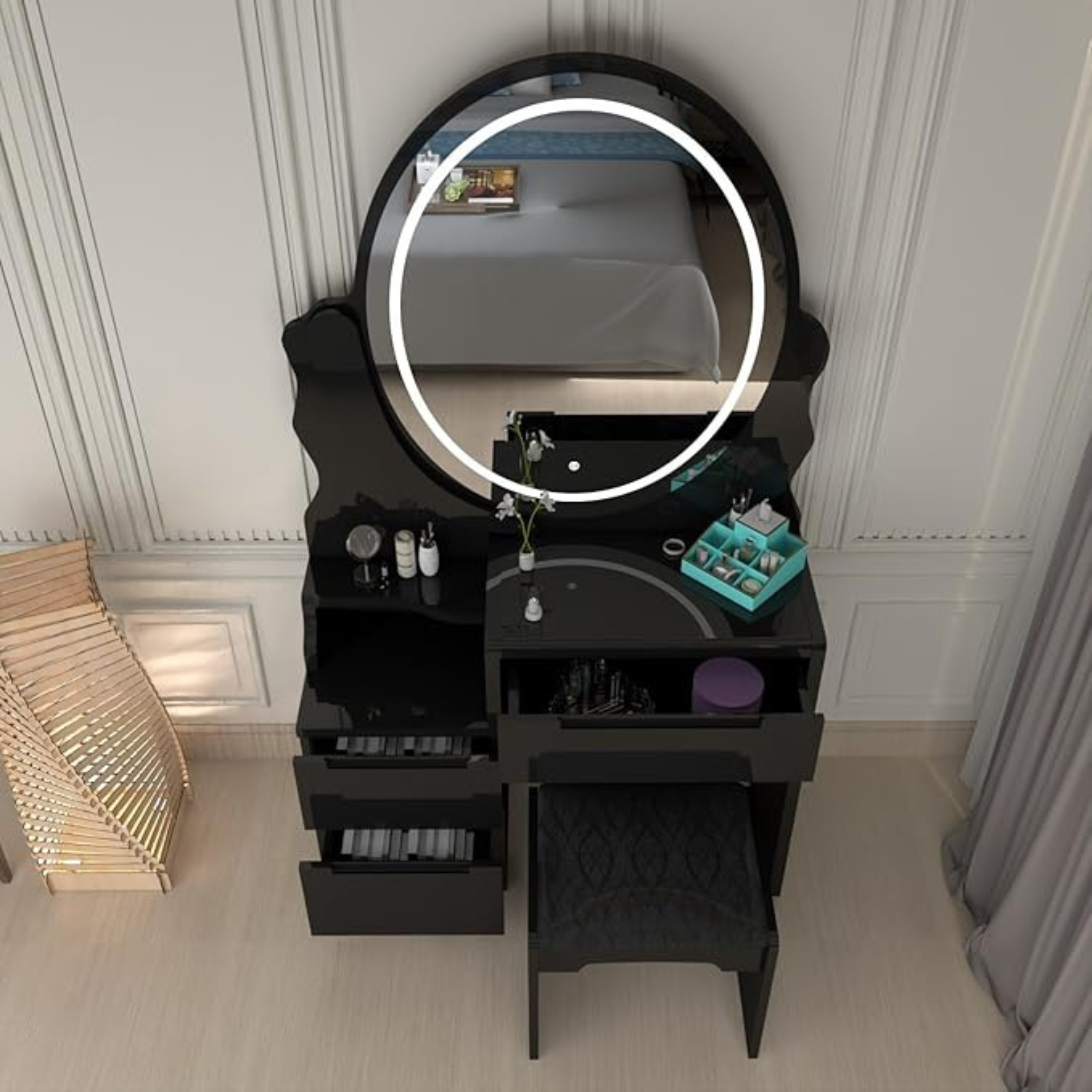 Urban Furnishing Modern White Vanity Table with LED Oval Mirror
