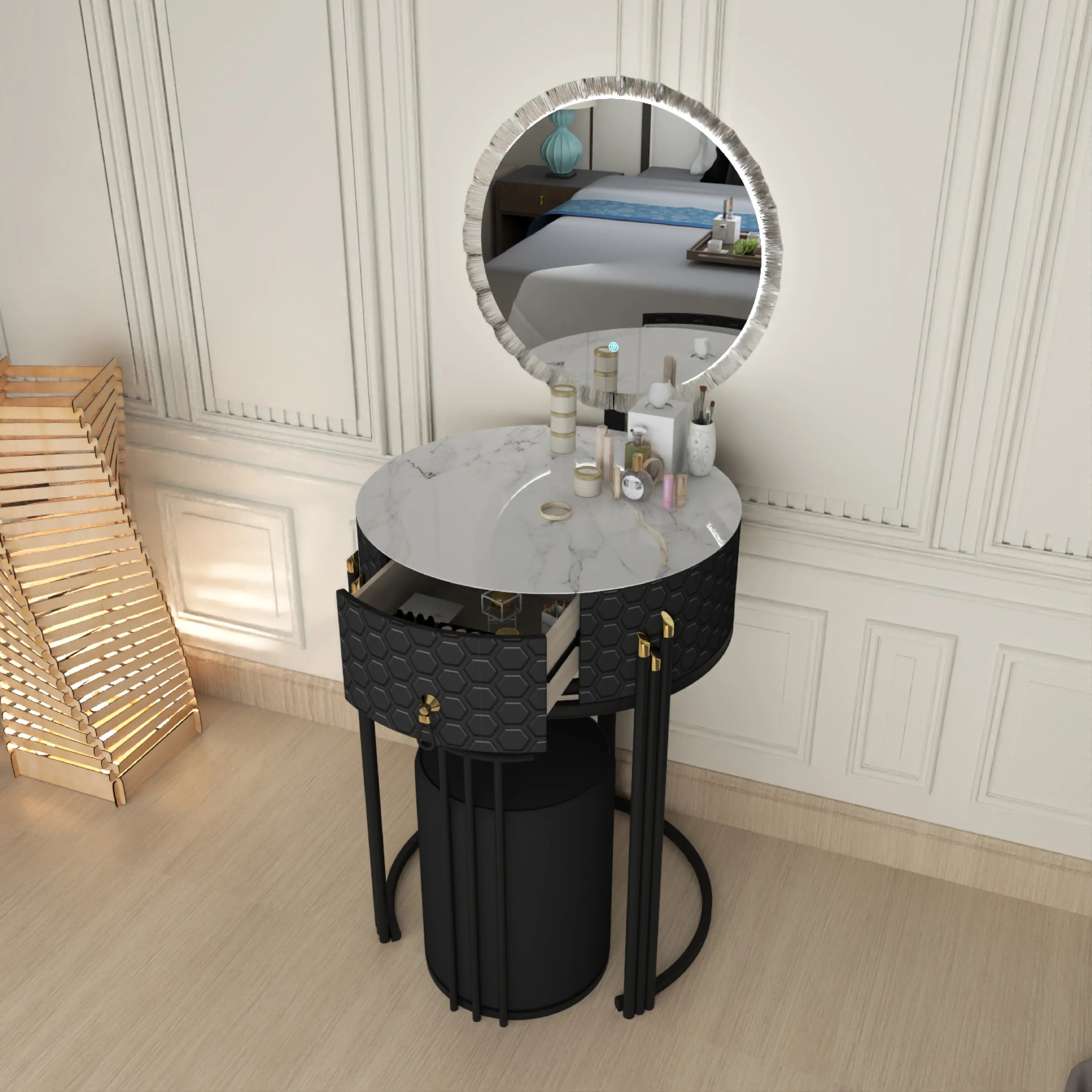 Round LED Mirror Dressing Table With Padded Stool