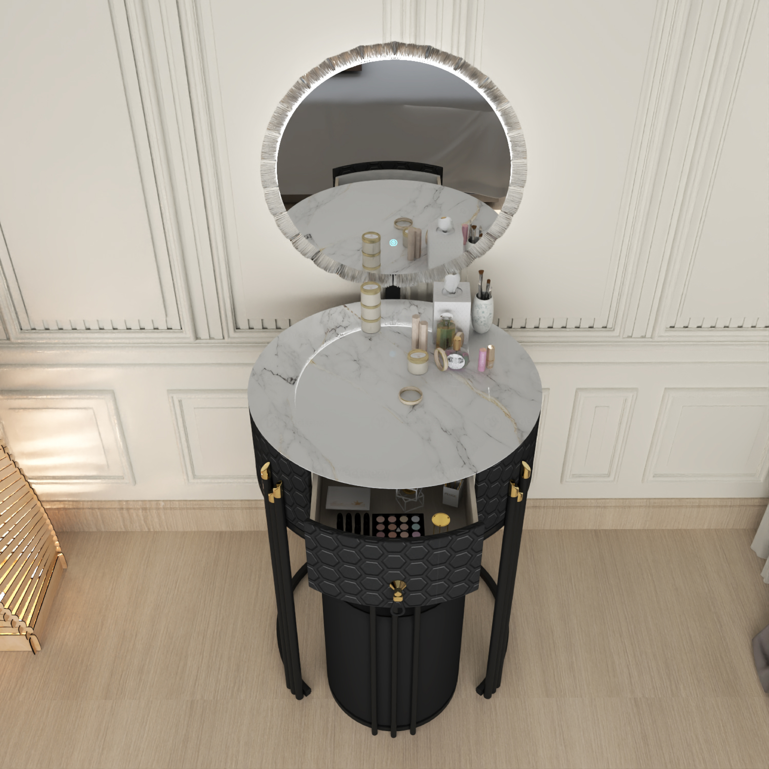 URBAN FURNISHING Modern Round Vanity Table with LED Mirror and Padded Stool