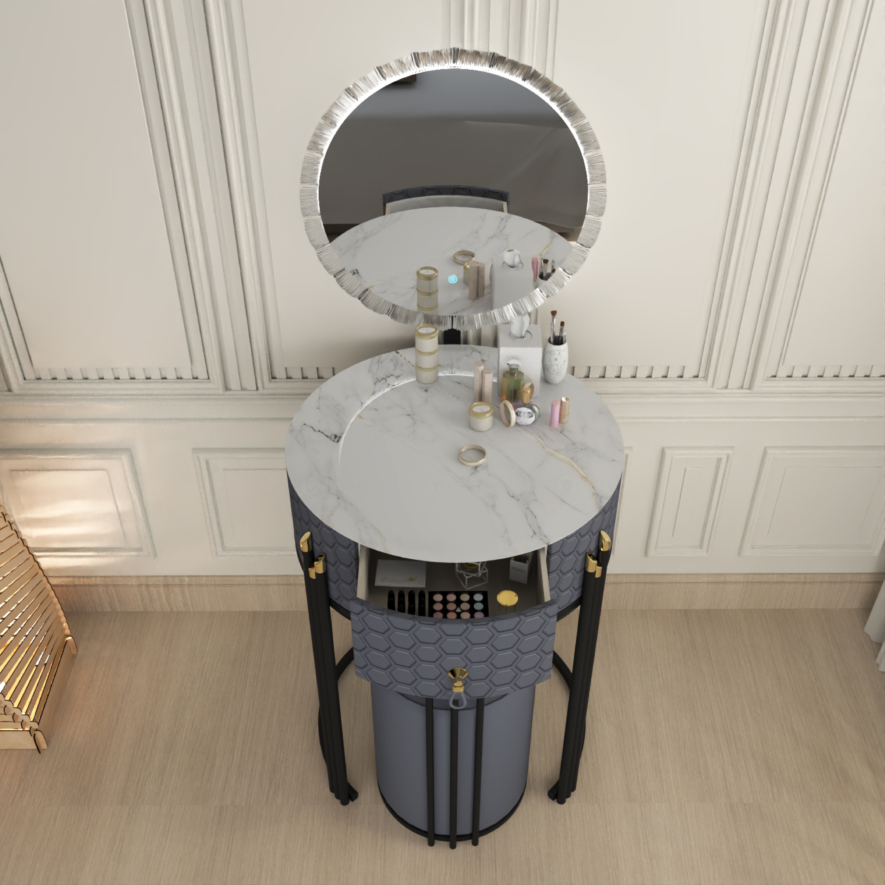 URBAN FURNISHING Modern Round Vanity Table with LED Mirror and Padded Stool