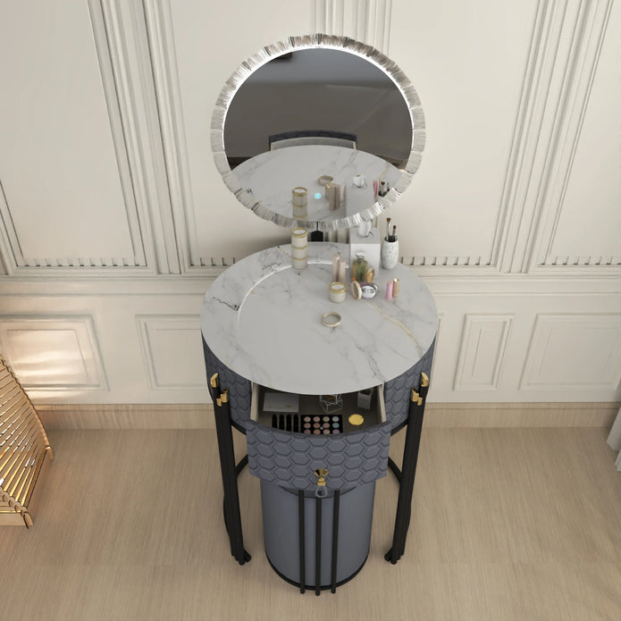 Round LED Mirror Dressing Table With Padded Stool