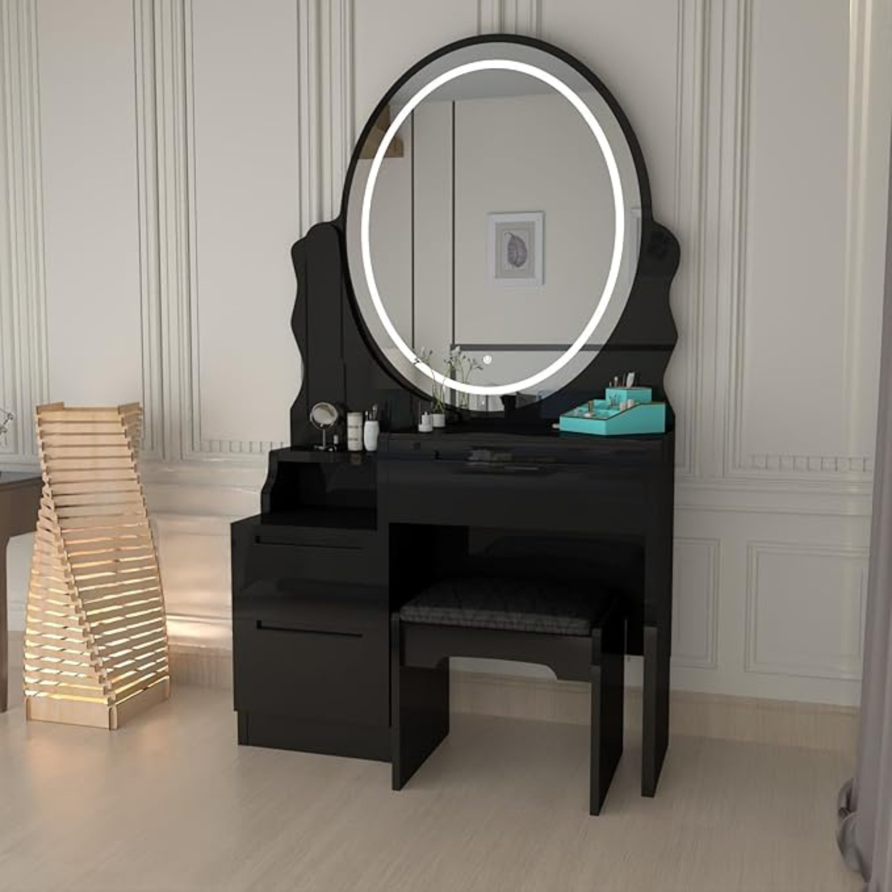 Urban Furnishing Modern White Vanity Table with LED Oval Mirror