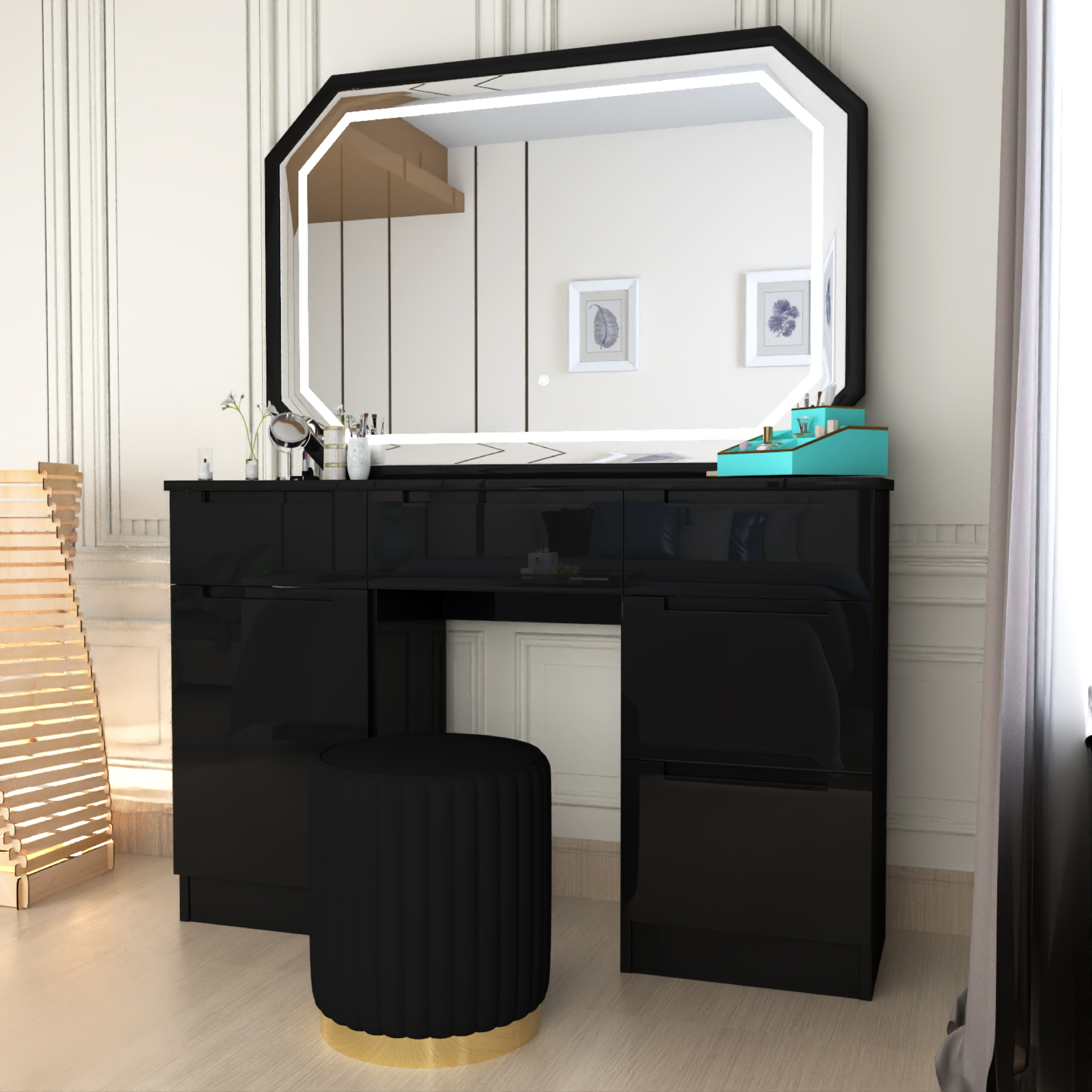 Urban Furnishing Modern White Vanity Desk with LED Mirror & Padded Stool – 7-Drawer Makeup Dressing Table