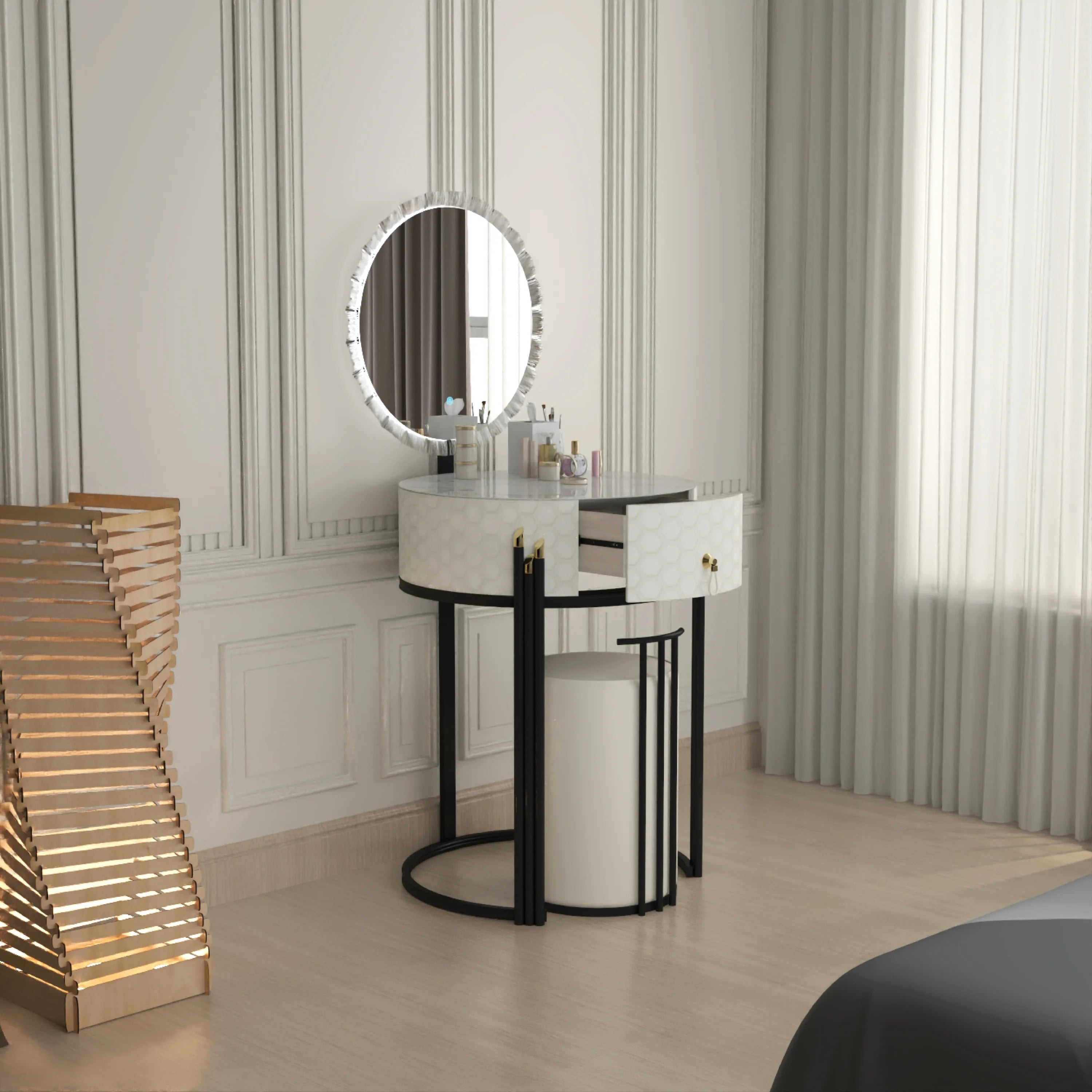 URBAN FURNISHING Modern Round Vanity Table with LED Mirror and Padded Stool