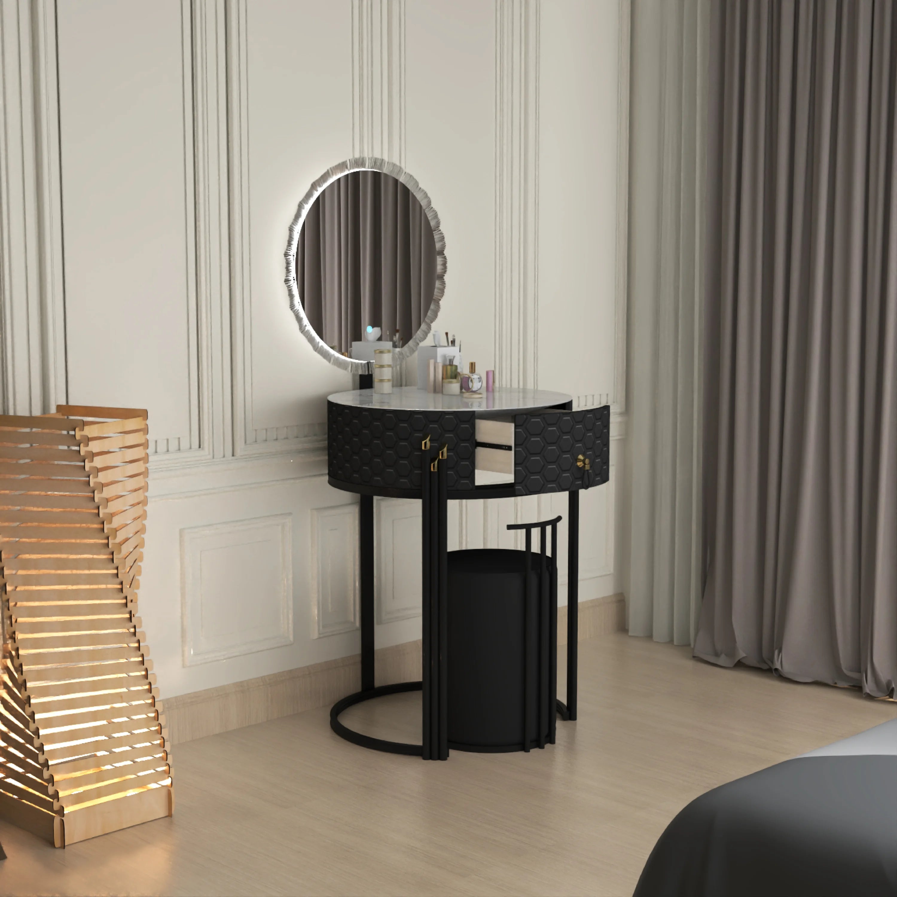 Round LED Mirror Dressing Table With Padded Stool