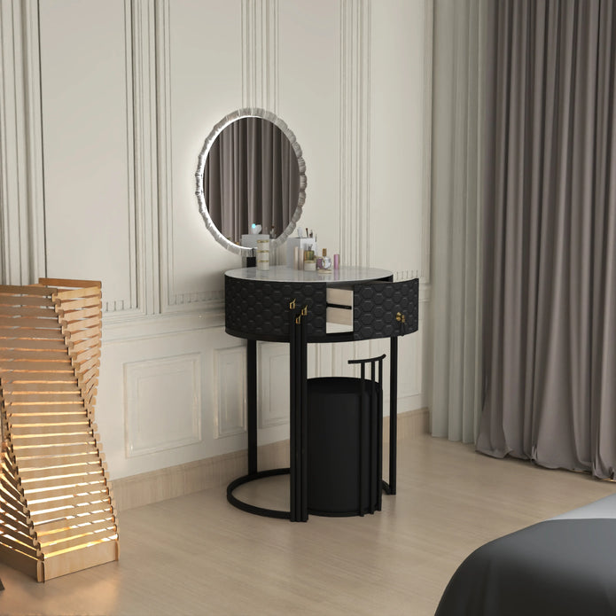 Round LED Mirror Dressing Table With Padded Stool