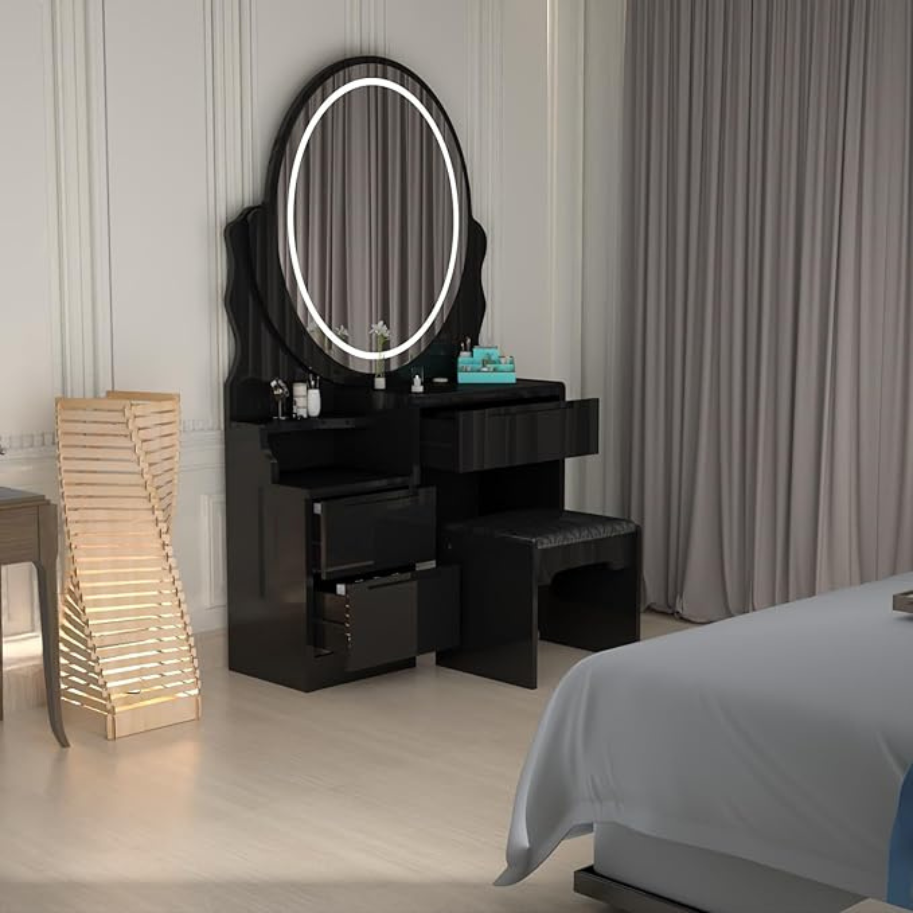 Urban Furnishing Modern White Vanity Table with LED Oval Mirror