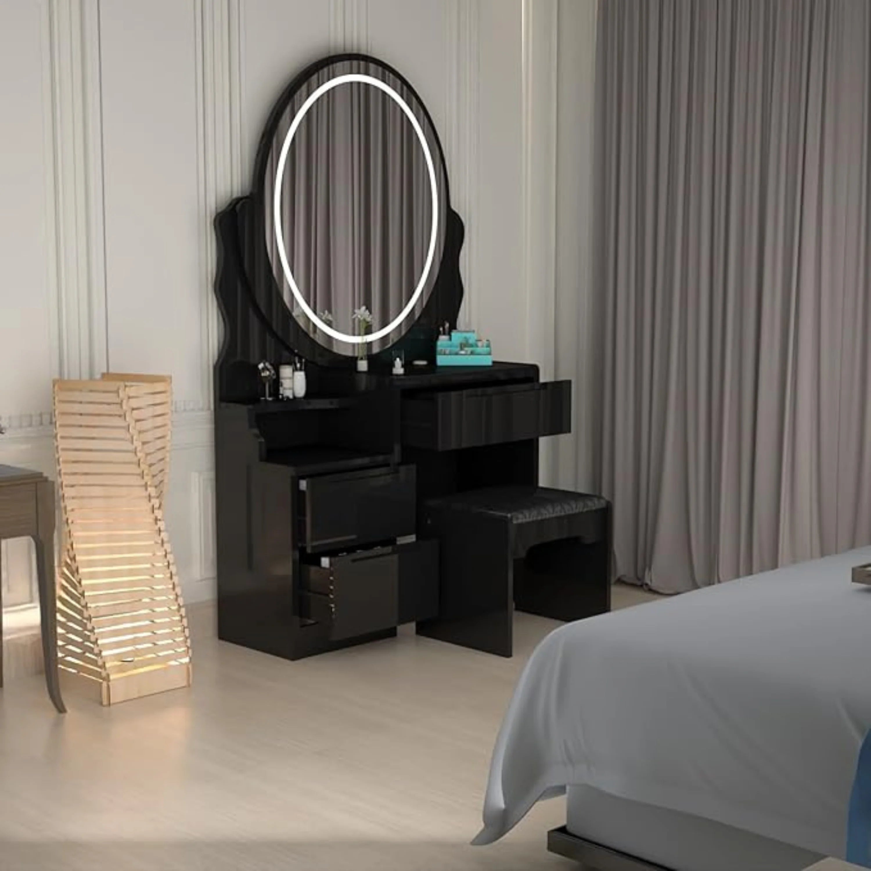Oval LED Mirror Dressing Table With Padded Stool